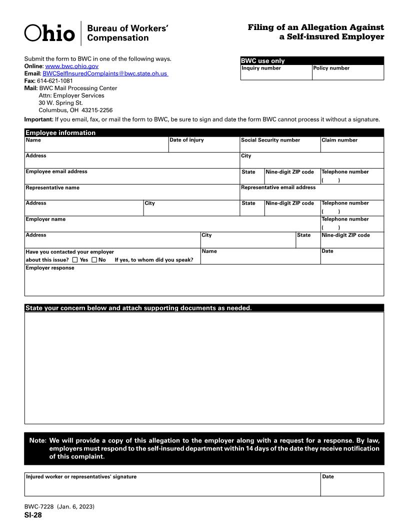 Filing Of An Allegation Against A Self Insured Employer {BWC-7228} | Pdf Fpdf Docx | Ohio