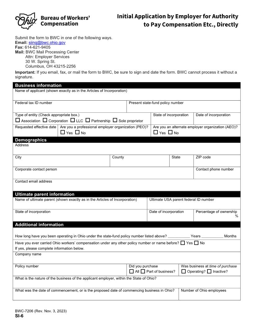 Initial Application By Employer For Authority To Pay Compensation Directly {BWC-7206} | Pdf Fpdf Doc Docx | Ohio