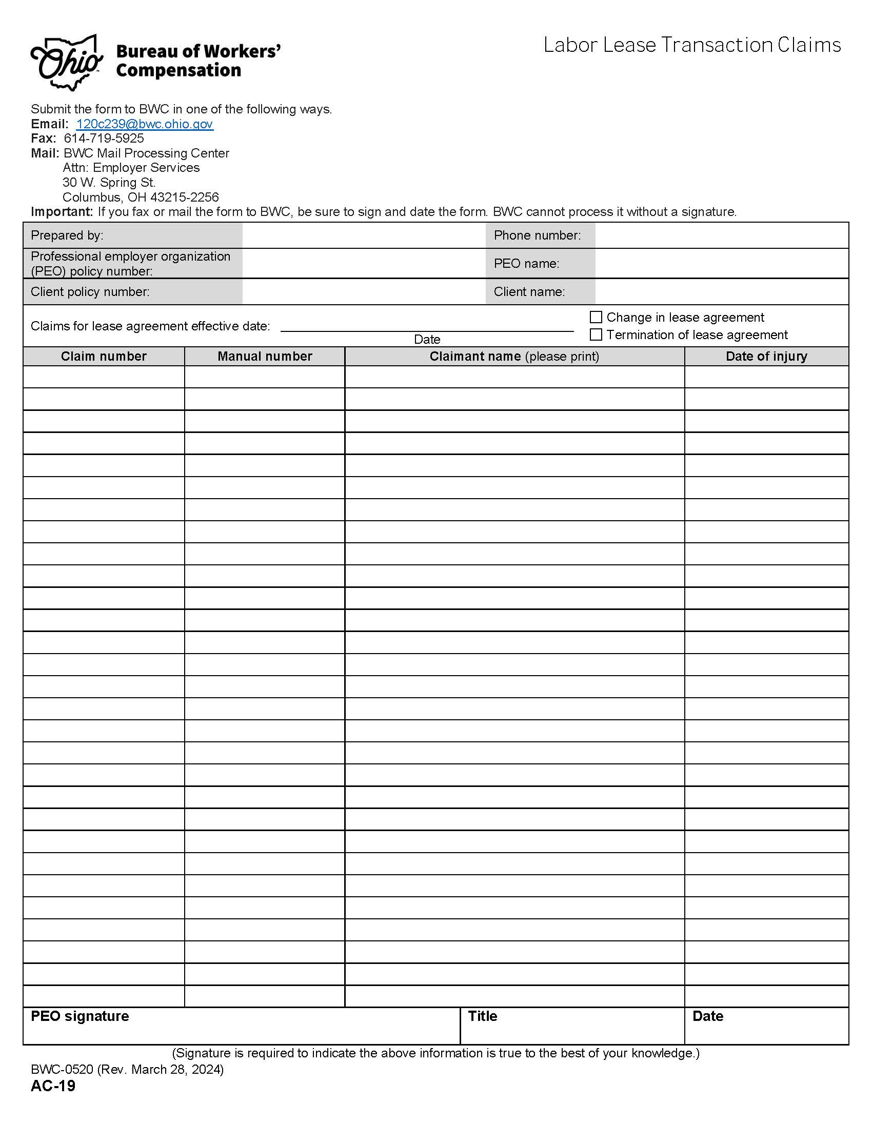 Labor Lease Transaction Claims {BWC-0520} | Pdf Fpdf Doc Docx | Ohio