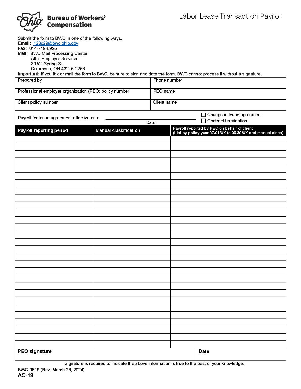 Labor Lease Transaction Payroll {BWC-0519} | Pdf Fpdf Doc Docx | Ohio