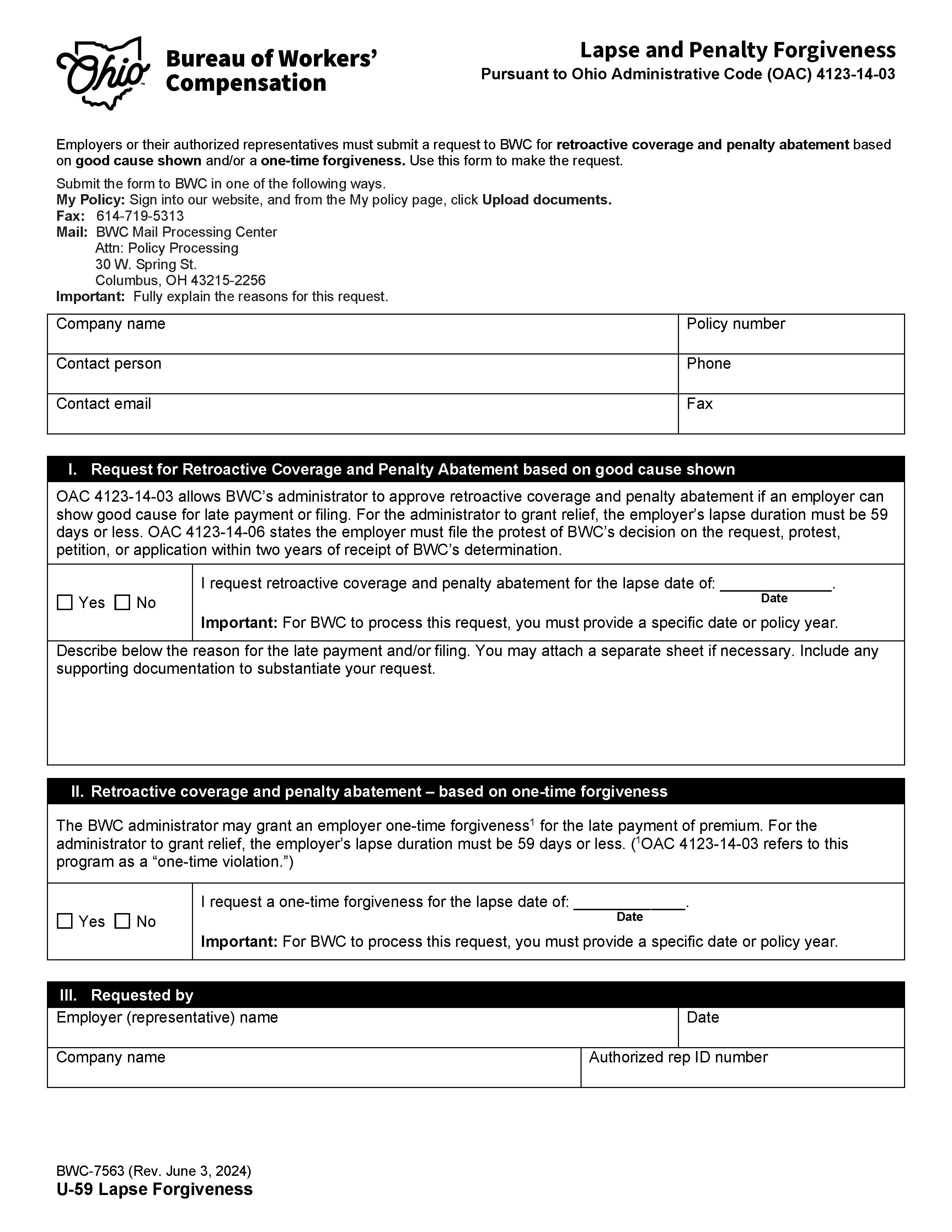 Lapse And Penalty Forgiveness {BWC-7563} | Pdf Fpdf Doc Docx | Ohio