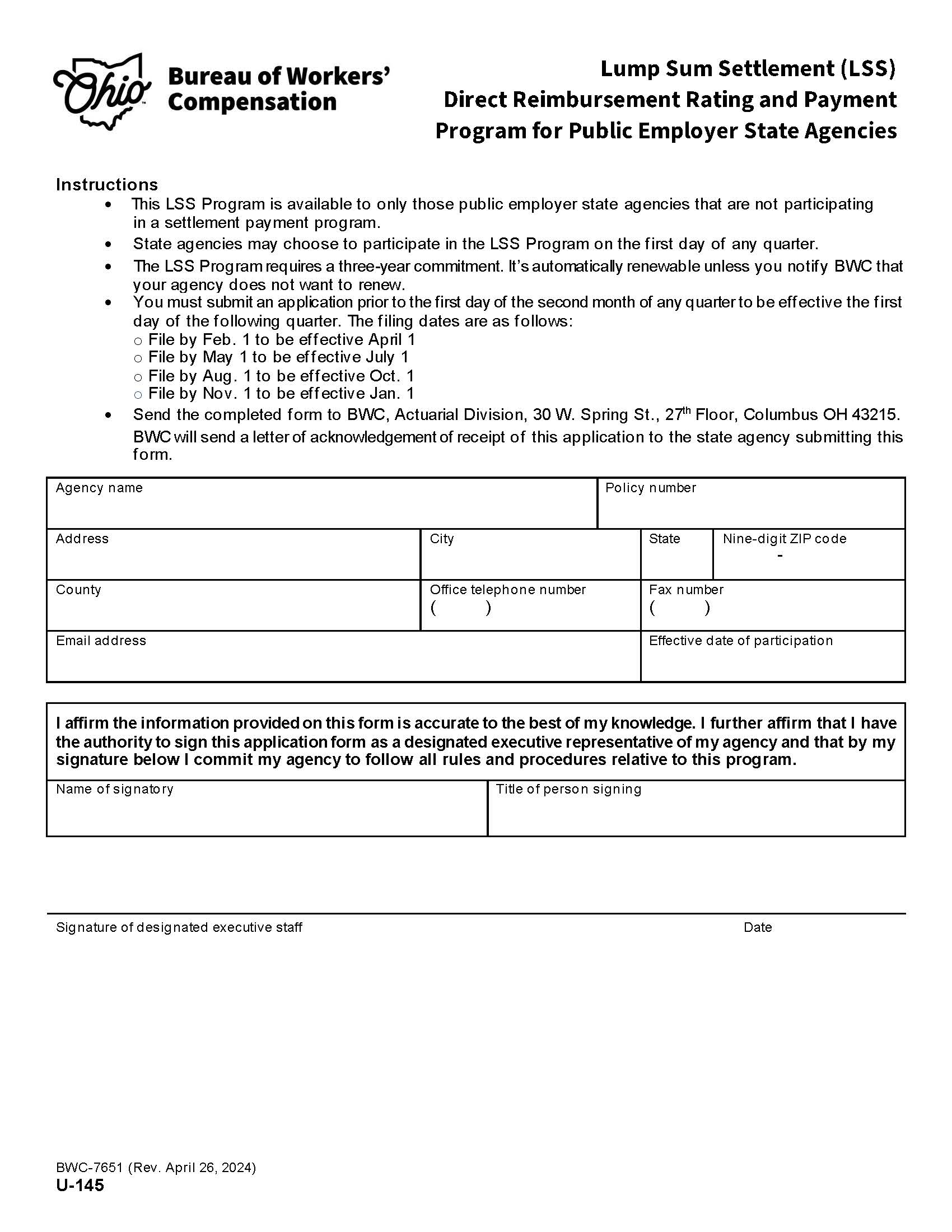 Lump Sum Settlement (LSS) {BWC-7651} | Pdf Fpdf Doc Docx | Ohio