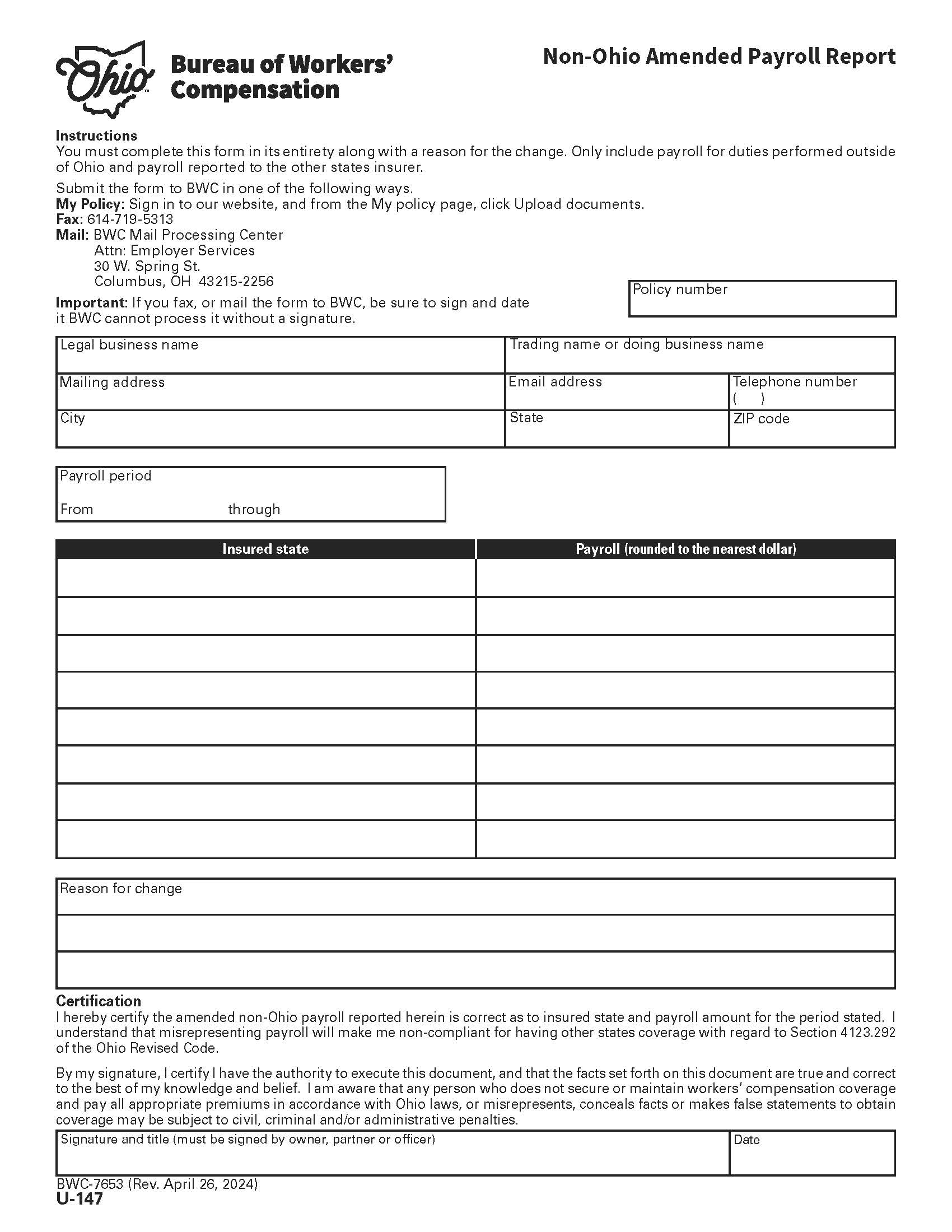 Non Ohio Amended Payroll Report {BWC-7653} | Pdf Fpdf Doc Docx | Ohio