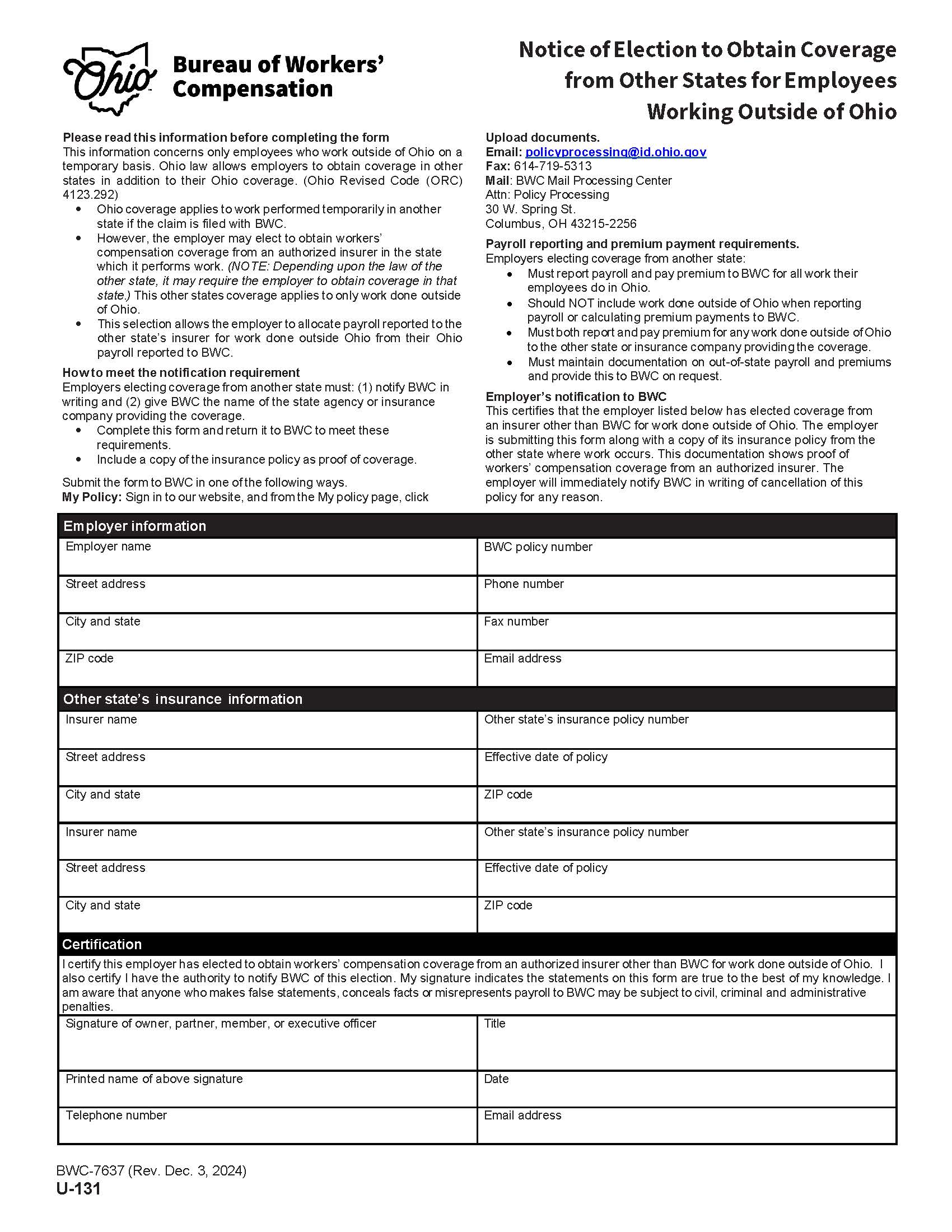 Notice Of Election To Obtain Coverage From Other States {BWC-7637} | Pdf Fpdf Doc Docx | Ohio