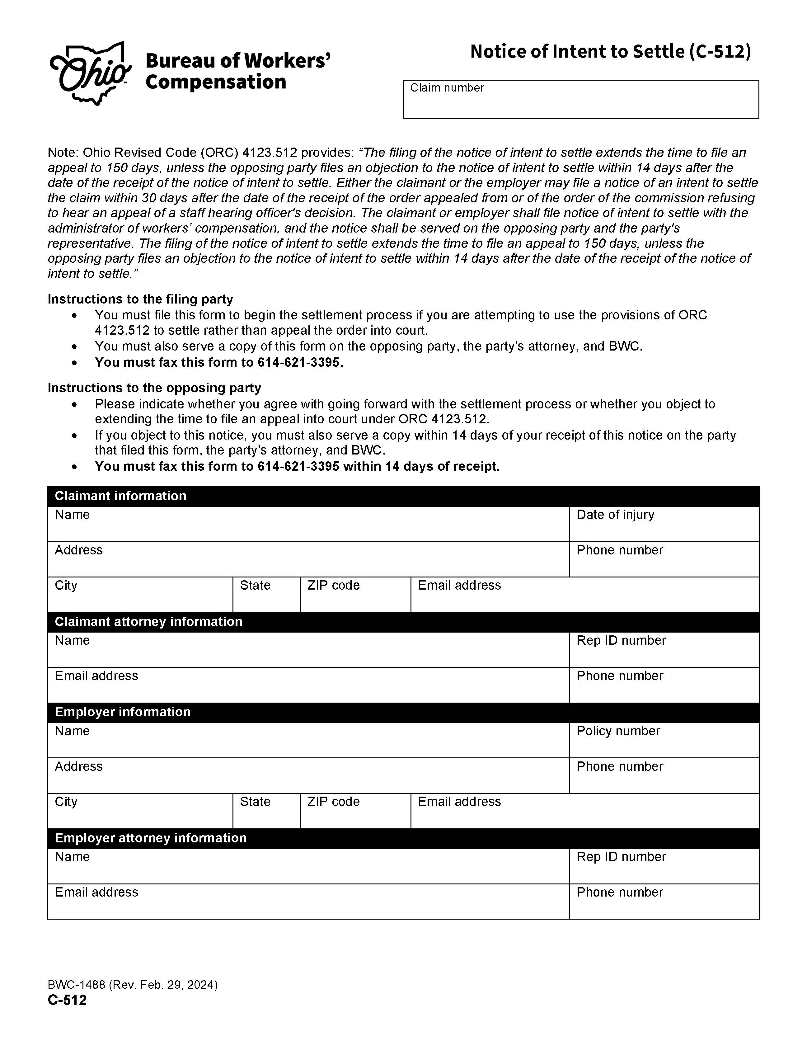 Notice Of Intent To Settle {BWC-1488} | Pdf Fpdf Docx | Ohio
