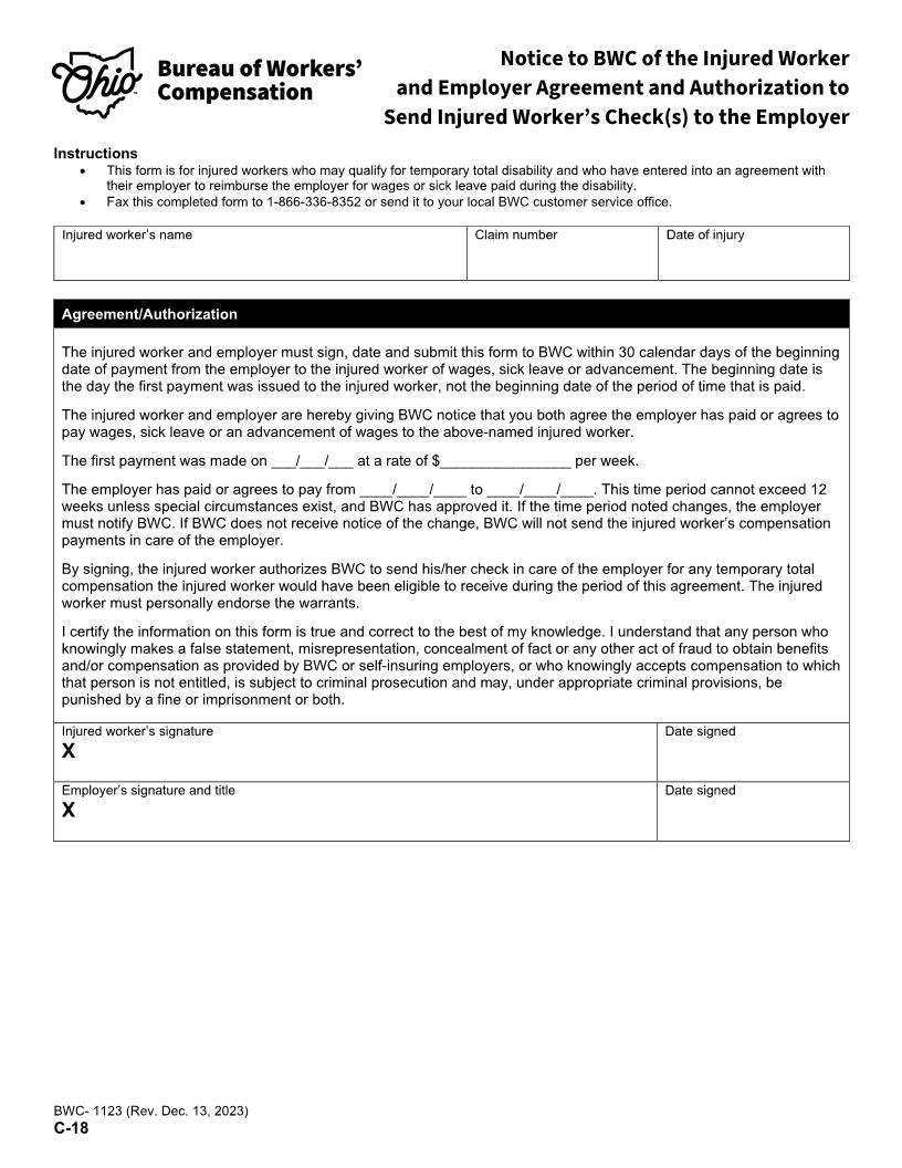 Notice To BWC Of Agreement To Send Check To Employer {BWC-1123} | Pdf Fpdf Doc Docx | Ohio