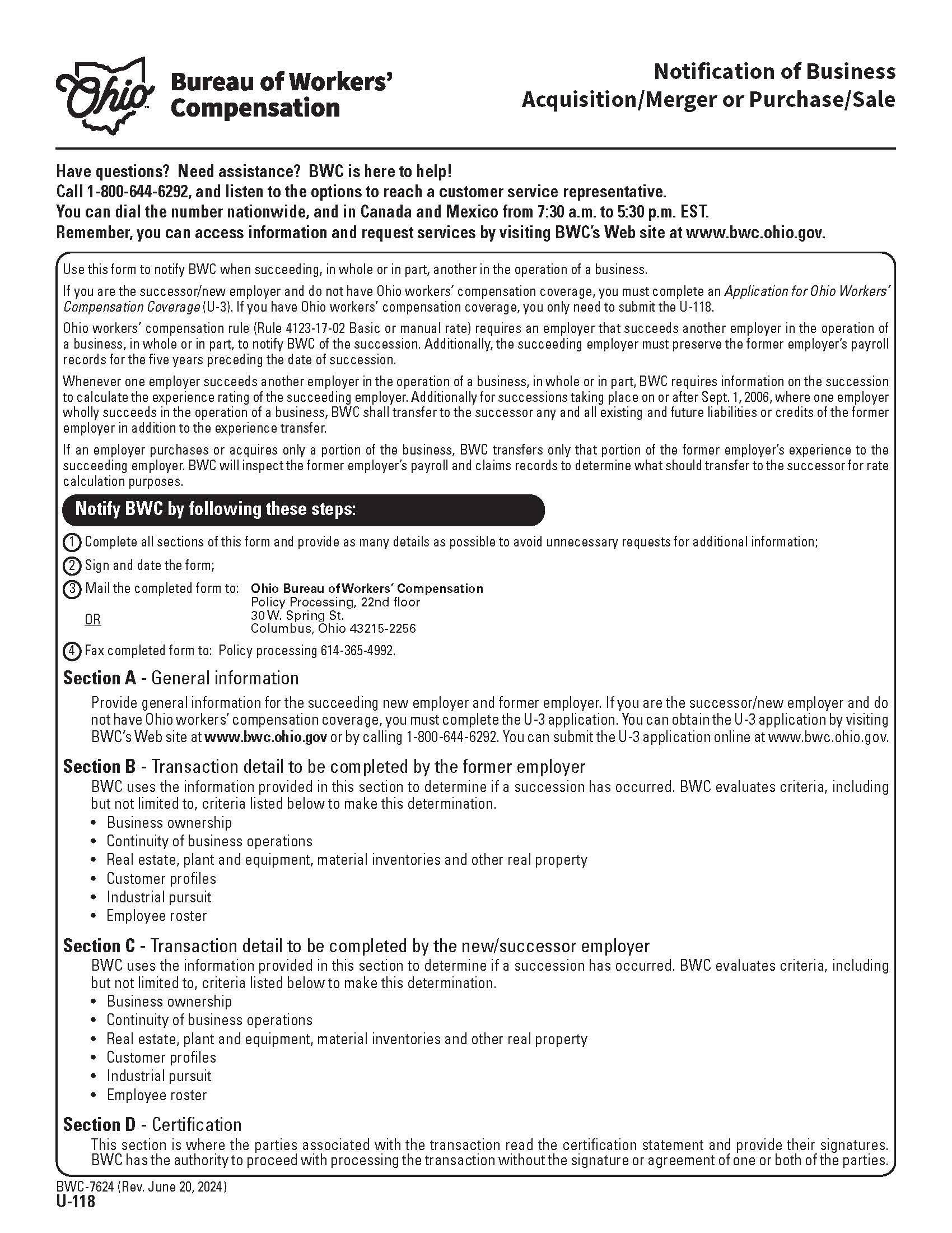 Notification Of Business Aquisition Or Merger Or Purchase Or Sale {BWC-7624} | Pdf Fpdf Doc Docx | Ohio