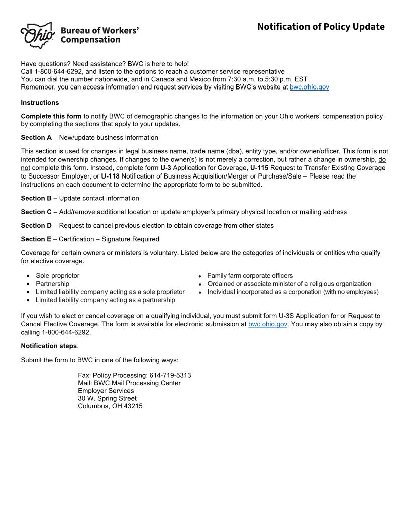Notification Of Policy Update {BWC-7623} | Pdf Fpdf Doc Docx | Ohio