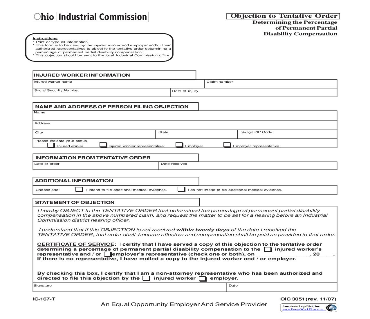 Objection To Tentative Order {OIC 3051} | Pdf Fpdf Doc Docx | Ohio