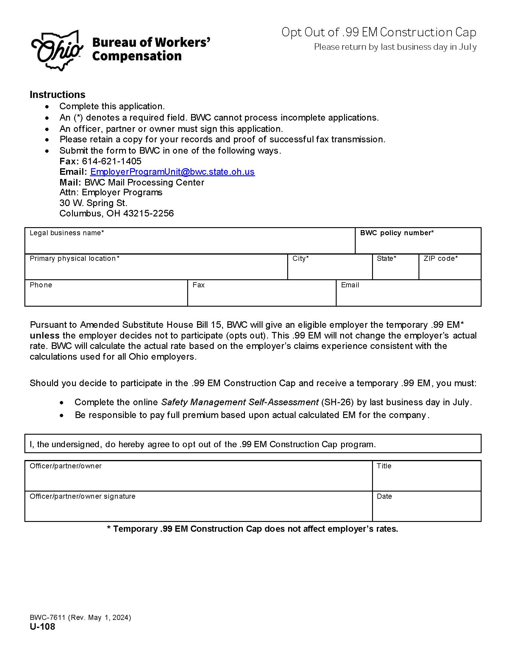 Opt Out Of .99 EM Construction Cap Program {BWC-7611} | Pdf Fpdf Doc Docx | Ohio