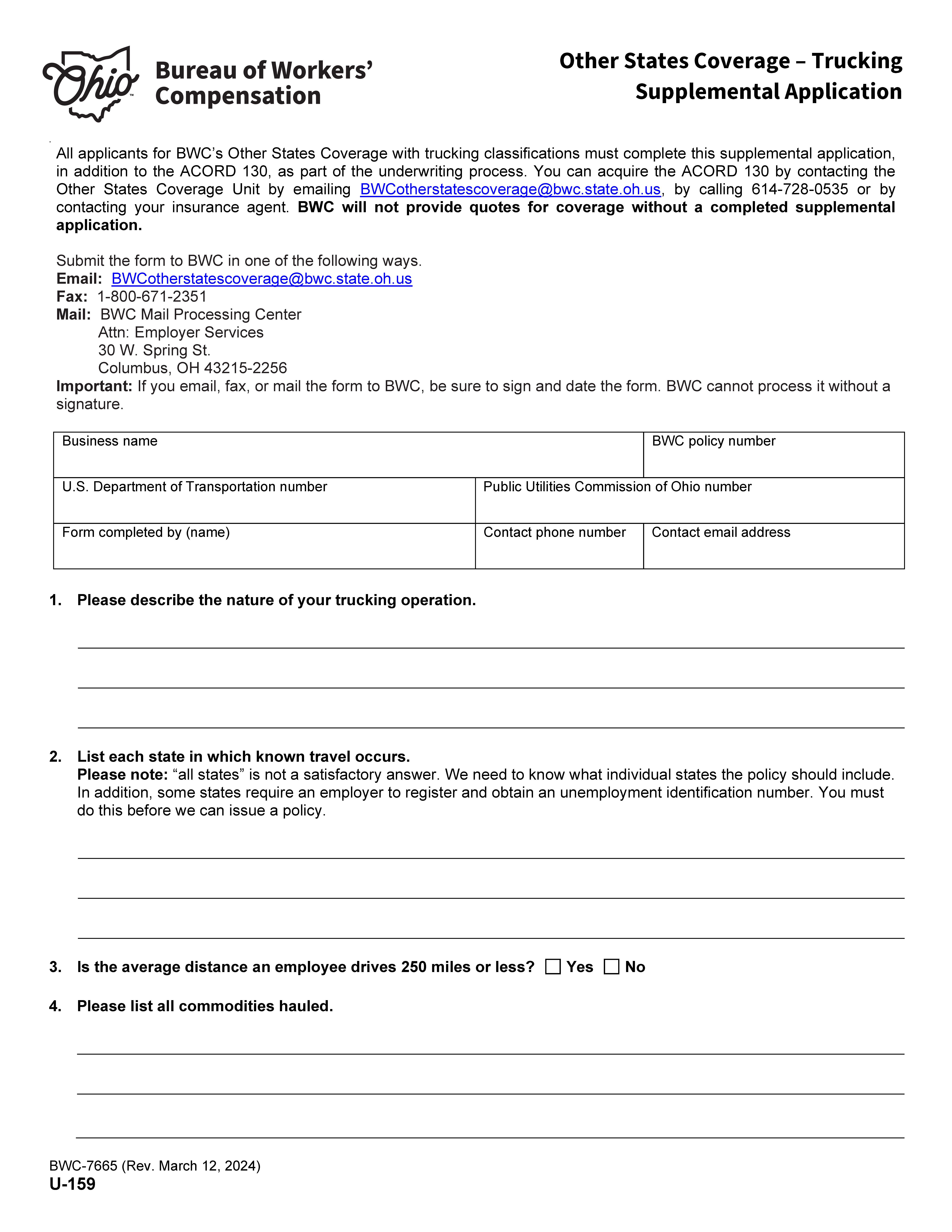 Other States Coverage Trucking Supplemental Application {BWC-7665} | Pdf Fpdf Doc Docx | Ohio