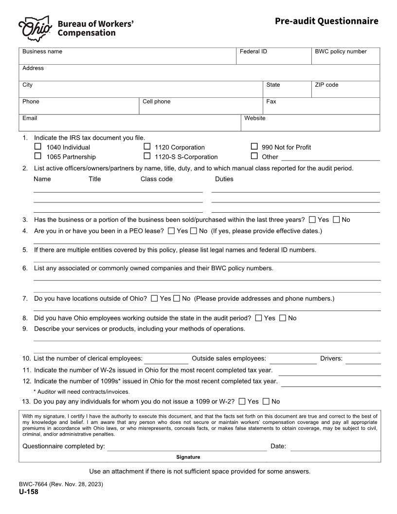Pre-audit Questionnaire {BWC-7664} | Pdf Fpdf Docx | Ohio