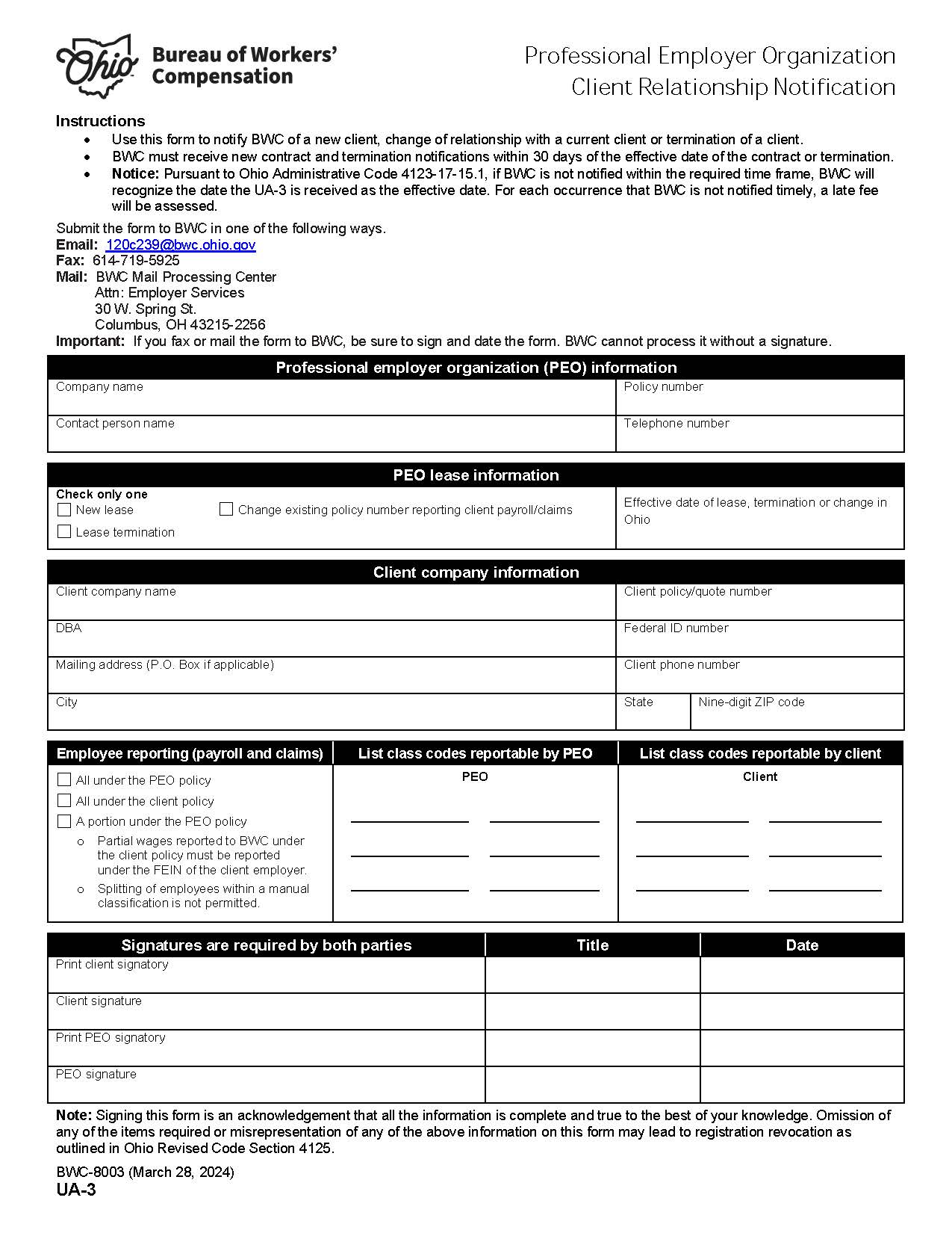 Professional Employer Organization Client Relationship Notification {BWC-8003} | Pdf Fpdf Docx | Ohio