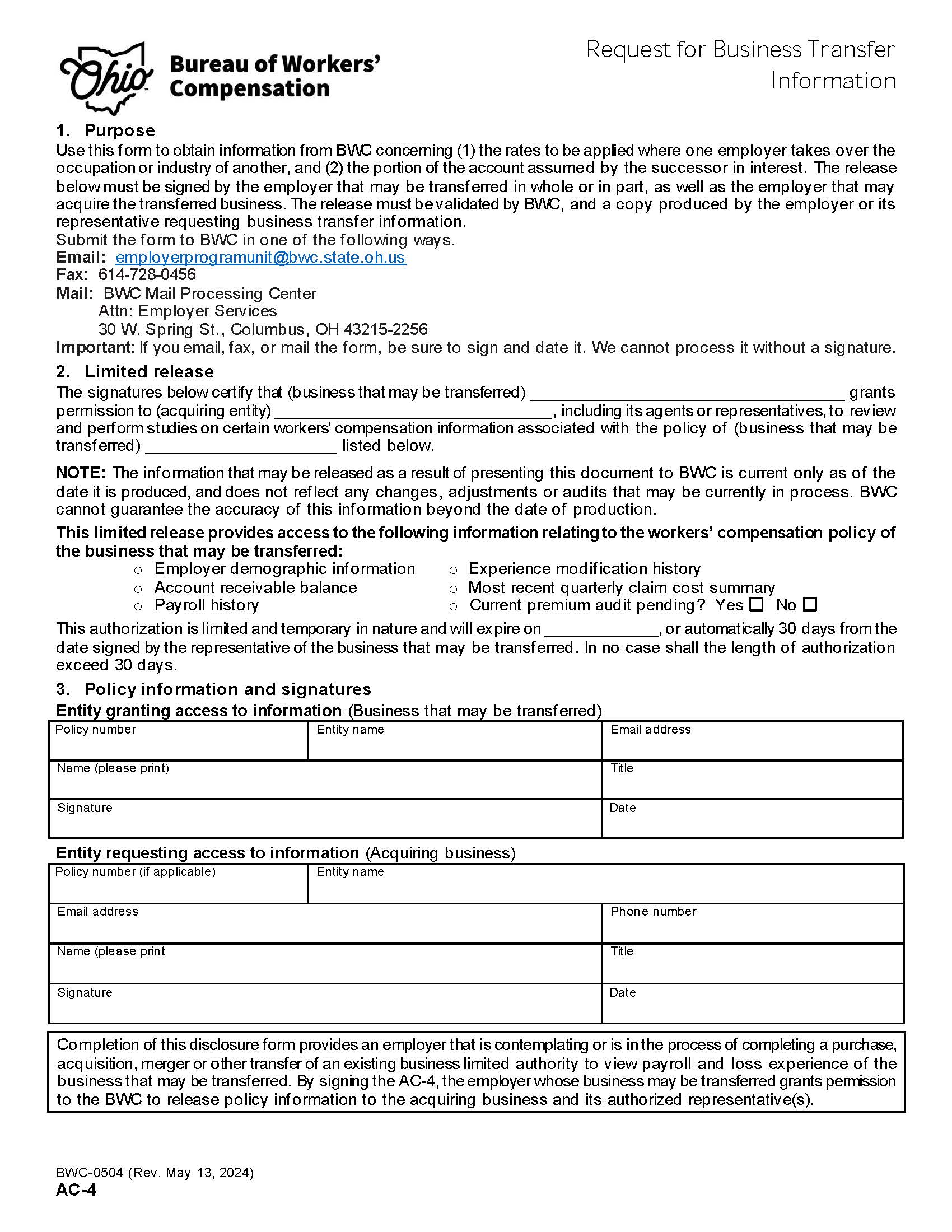 Request For Business Transfer Information {BWC-0504} | Pdf Fpdf Doc Docx | Ohio