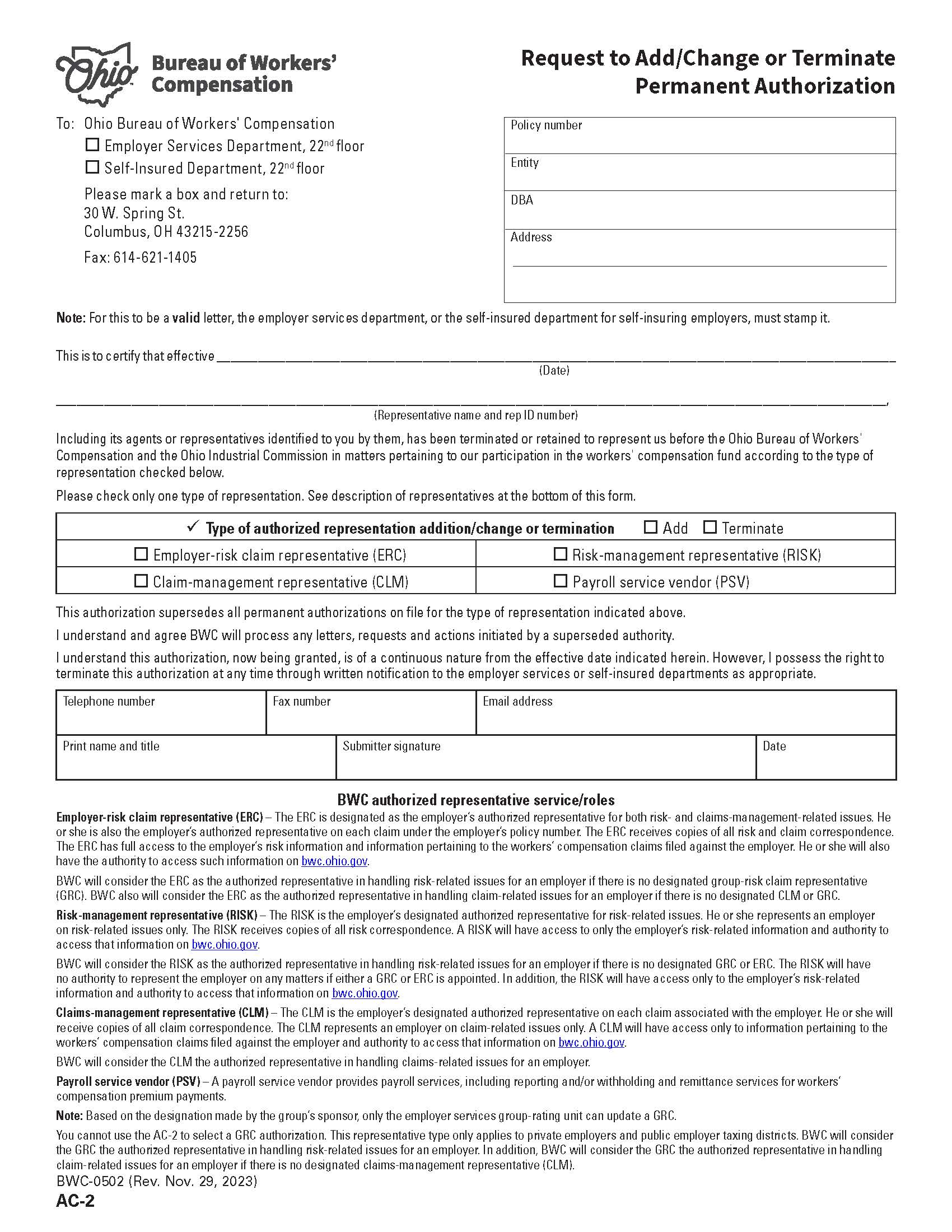 Request To Add Change Or Terminate Permanent Authorization {BWC-0502} | Pdf Fpdf Docx | Ohio