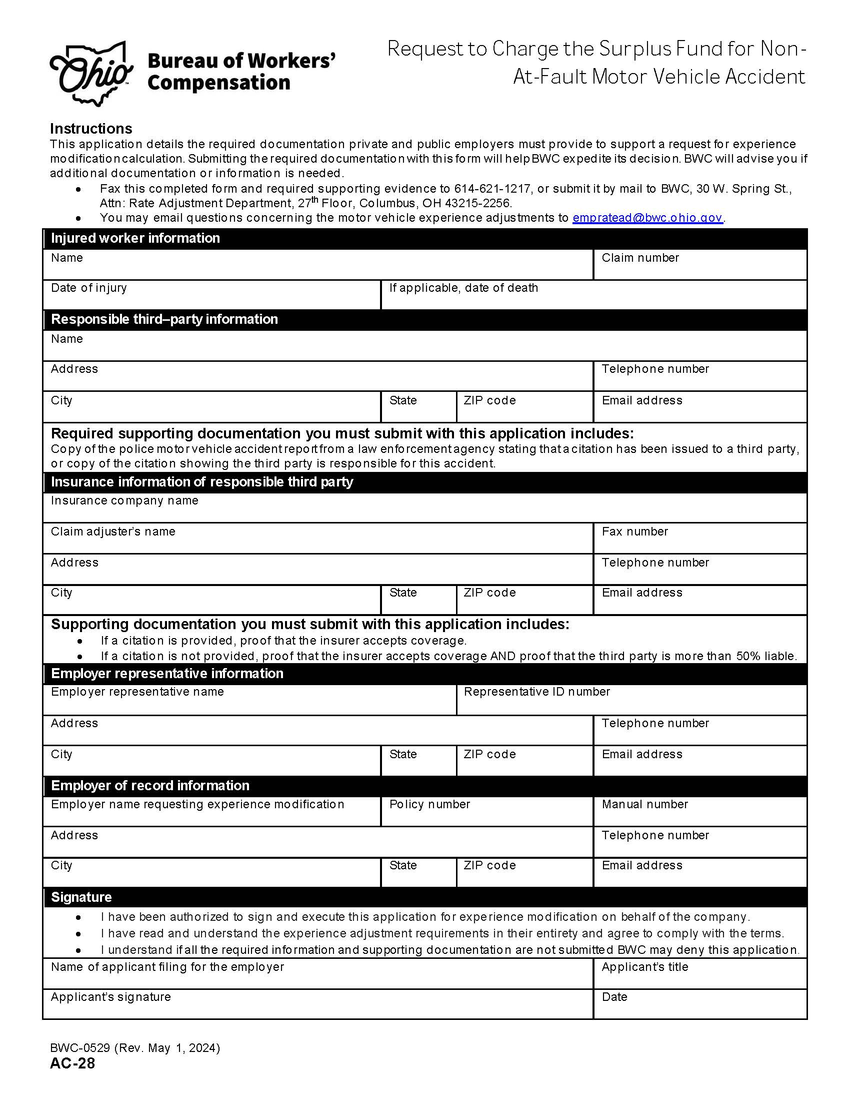 Request To Charge Surplus Fund For Vehicle Accident {BWC-0529} | Pdf Fpdf Docx | Ohio