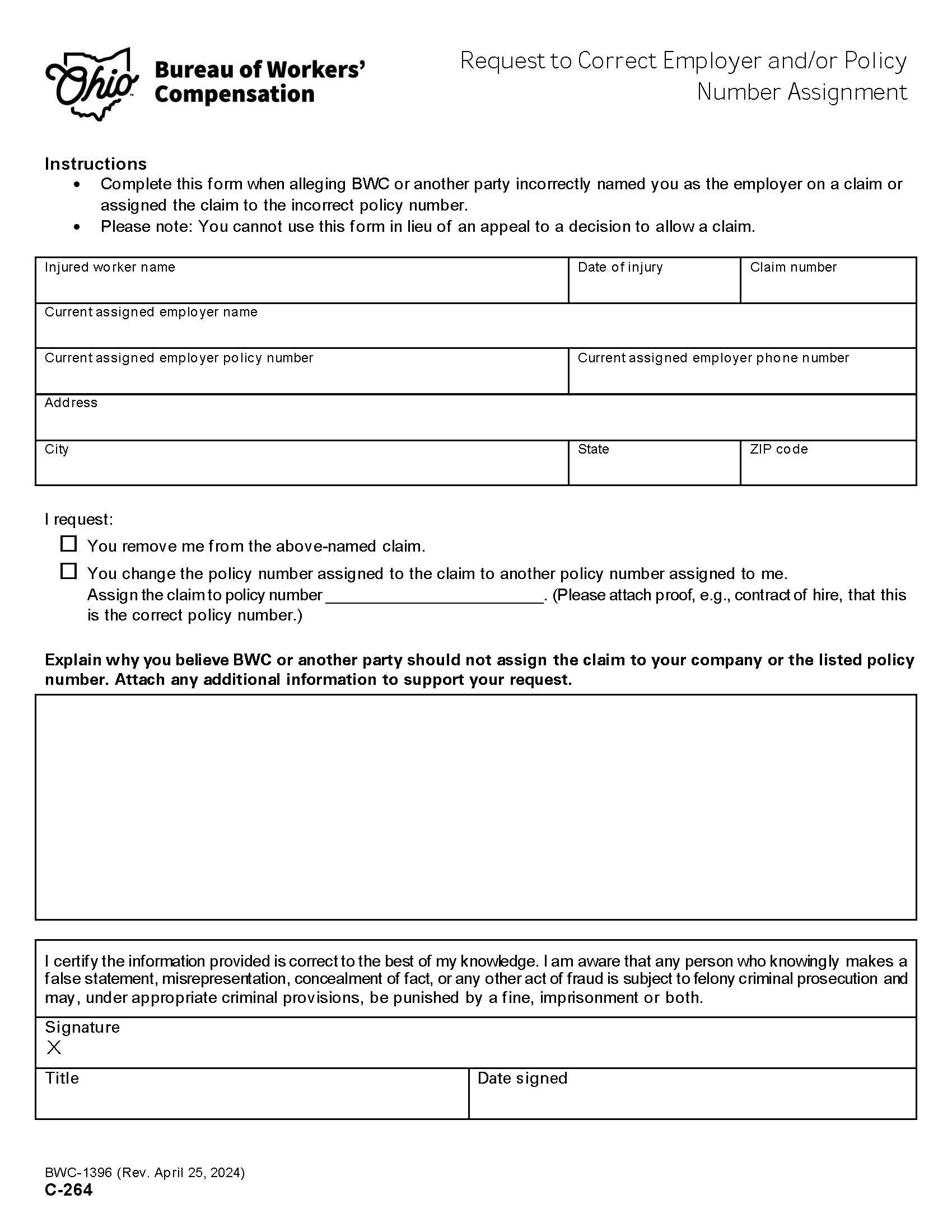 Request To Correct Employer And Or Policy Number Assignment {BWC-1396} | Pdf Fpdf Doc Docx | Ohio