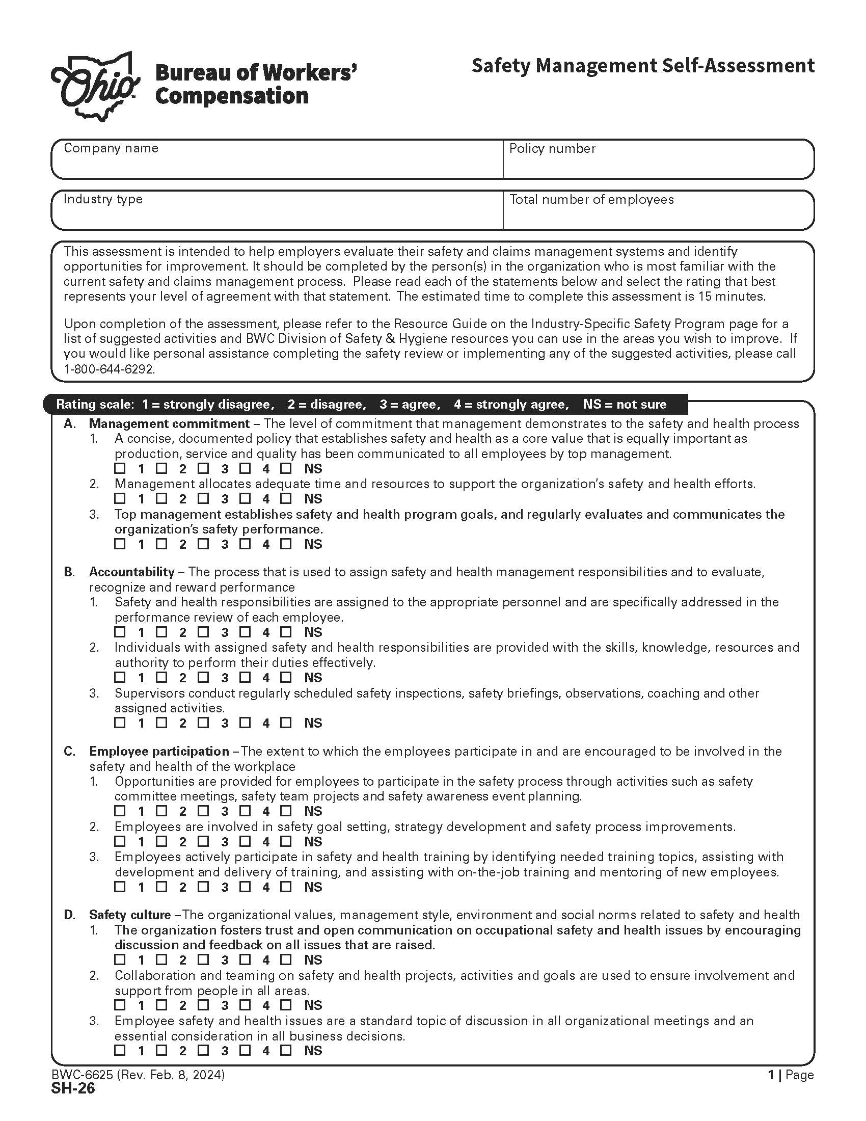 Safety Management Self Assessment {BWC-6625} | Pdf Fpdf Doc Docx | Ohio
