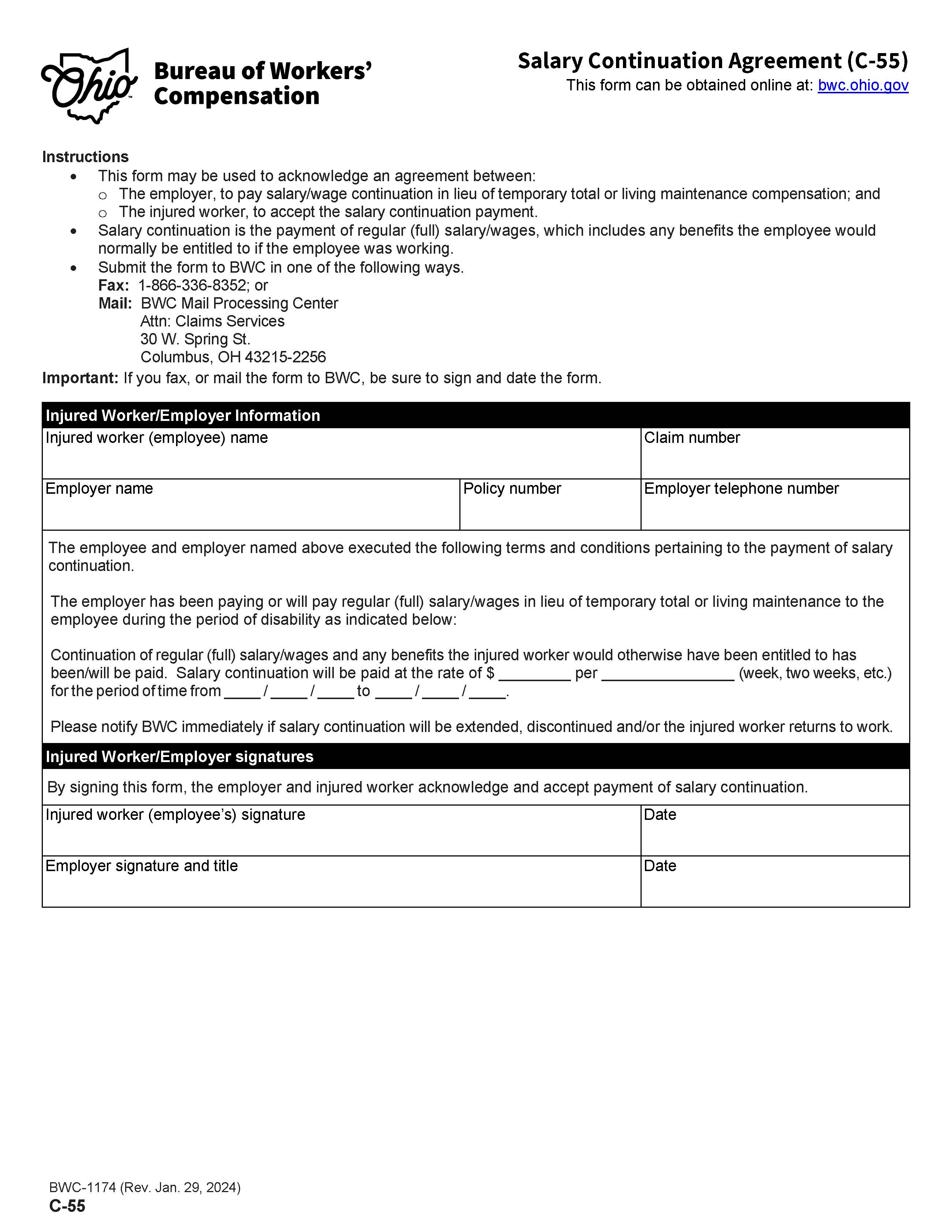 Salary Continuation Agreement {BWC-1174} | Pdf Fpdf Doc Docx | Ohio