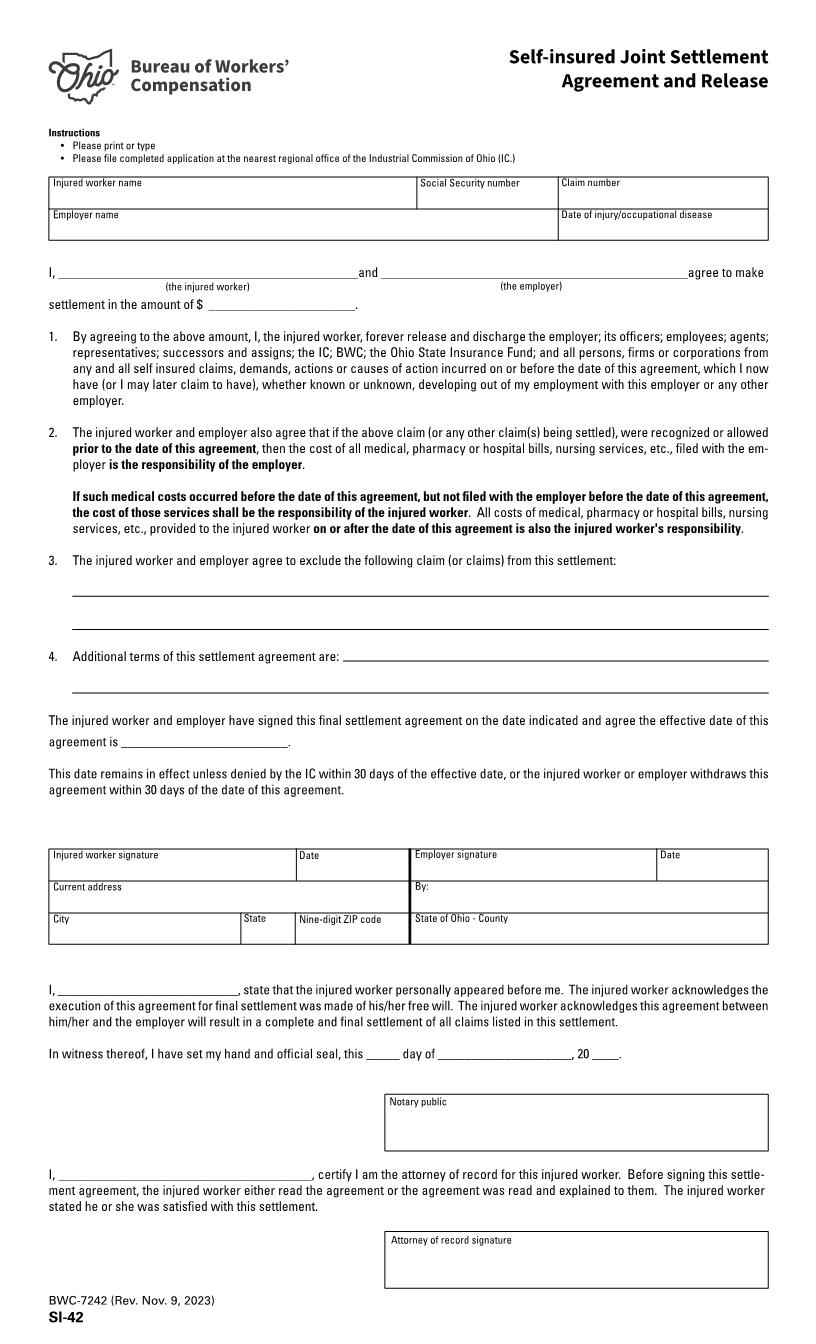 Self Insured Joint Settlement Agreement And Release {BWC-7242} | Pdf Fpdf Doc Docx | Ohio