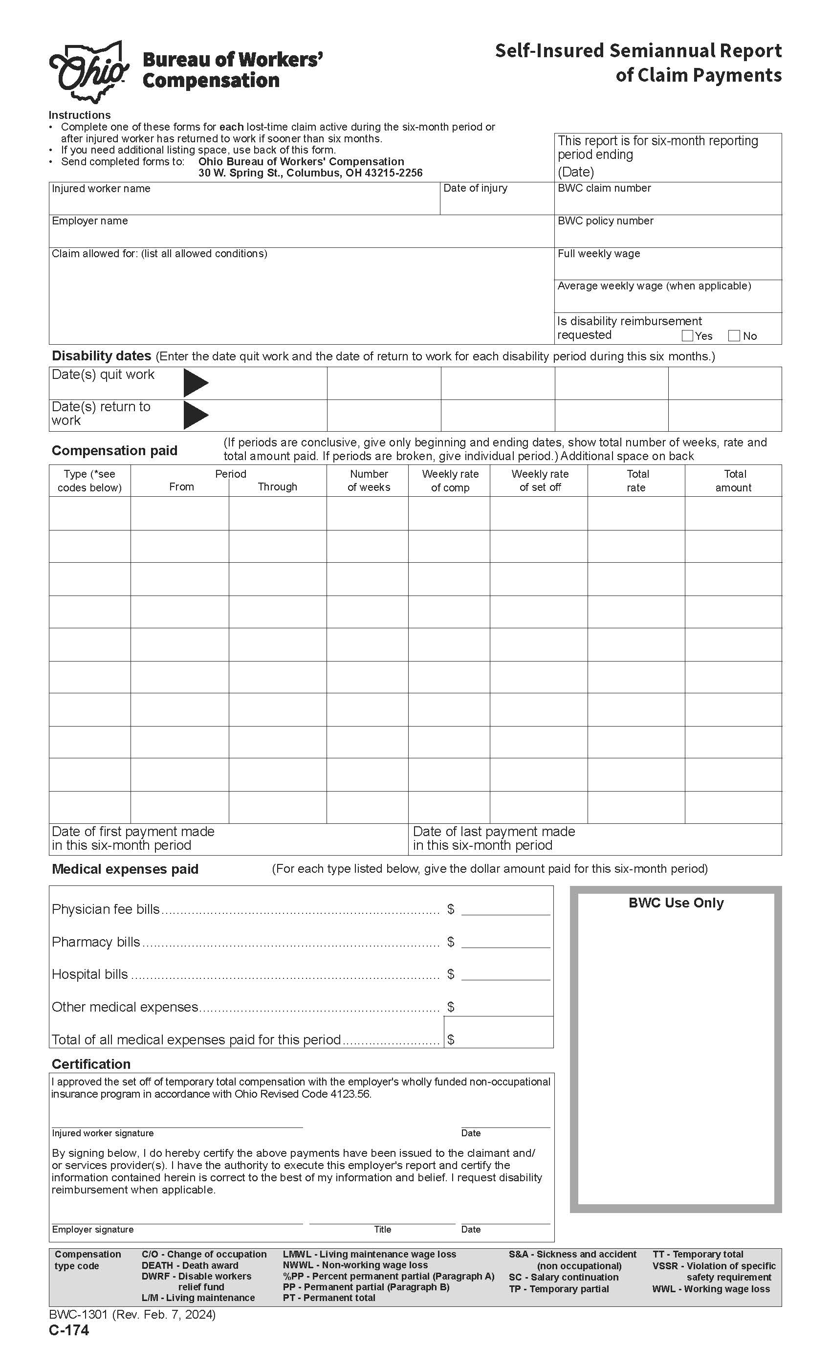 Self Insured Semiannual report Of Claim Payments {BWC-1301} | Pdf Fpdf Doc Docx | Ohio