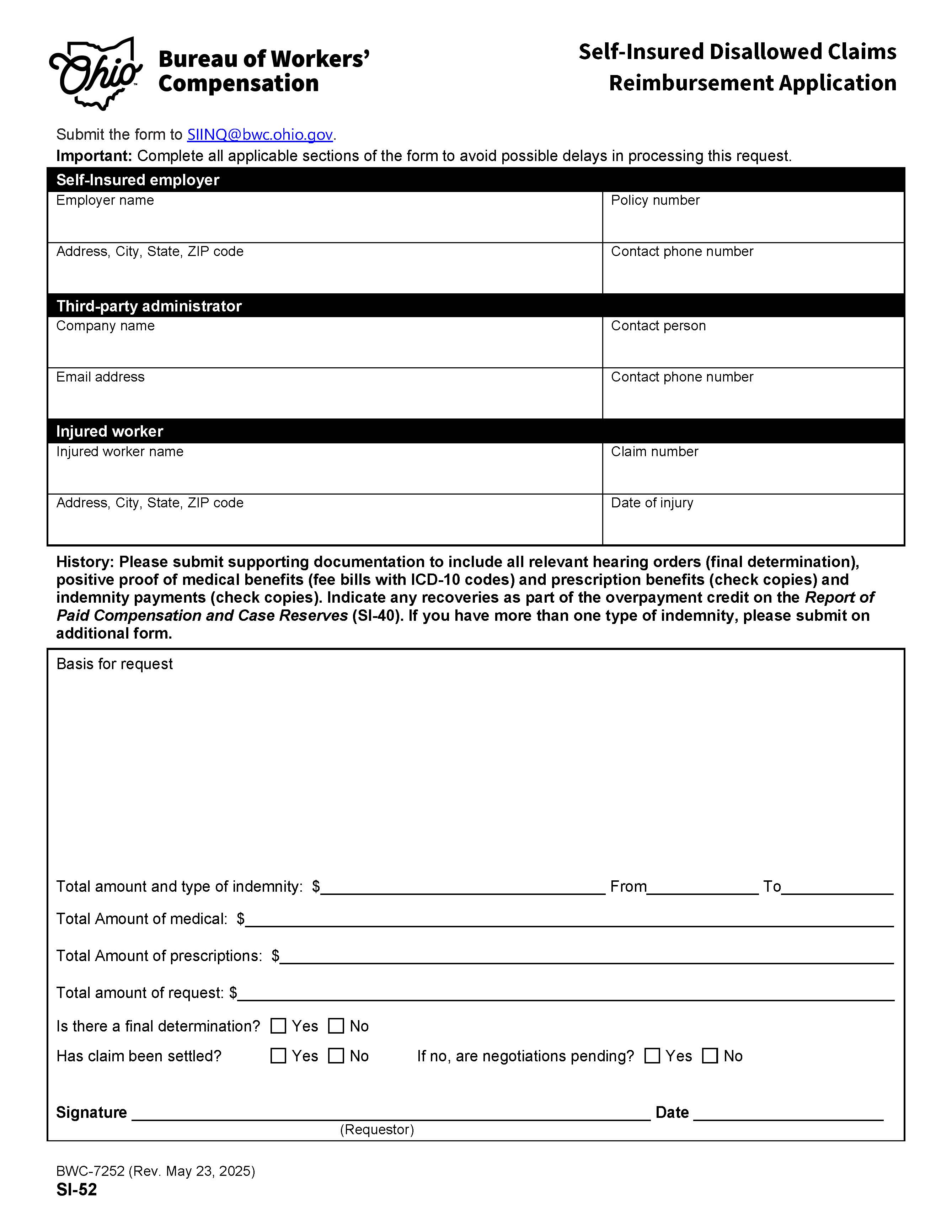 Self-Insured Claims Reimbursement (Sysco) Application {BWC-7252} | Pdf Fpdf Doc Docx | Ohio