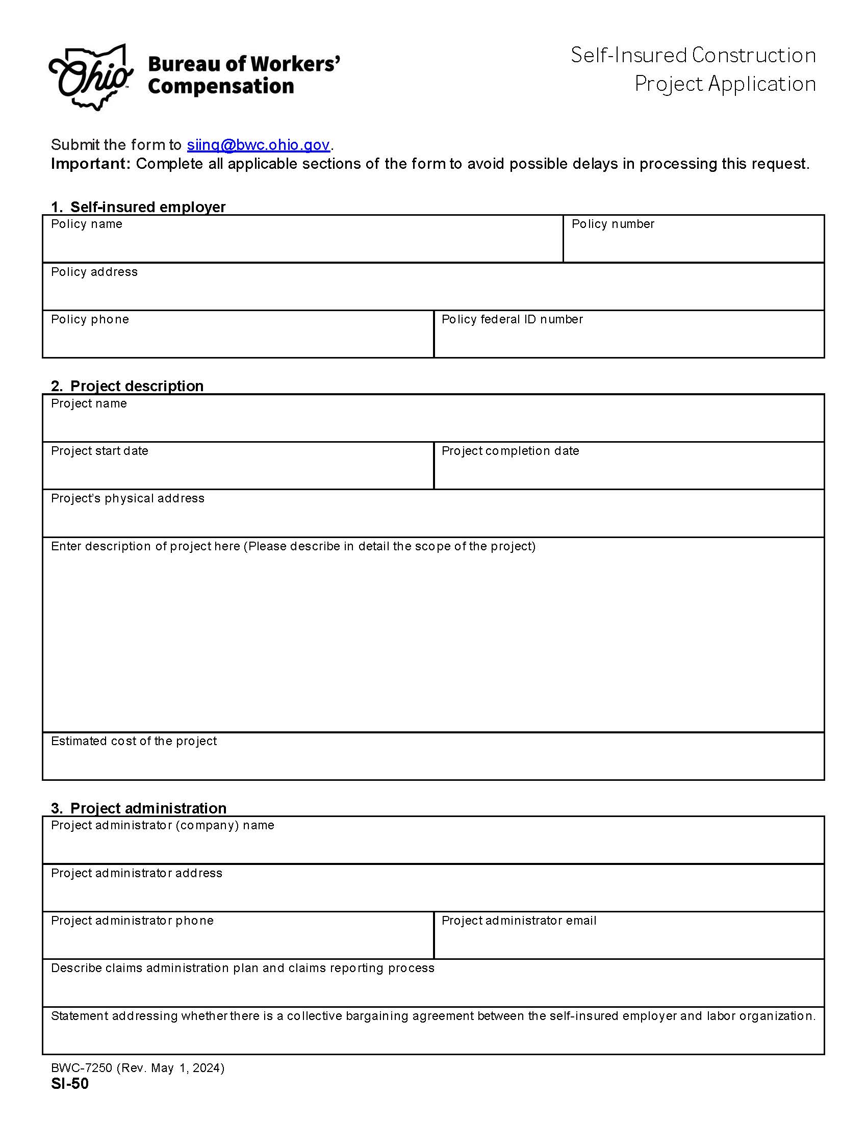 Self-Insured Construction Project Application {BWC-7250} | Pdf Fpdf Doc Docx | Ohio