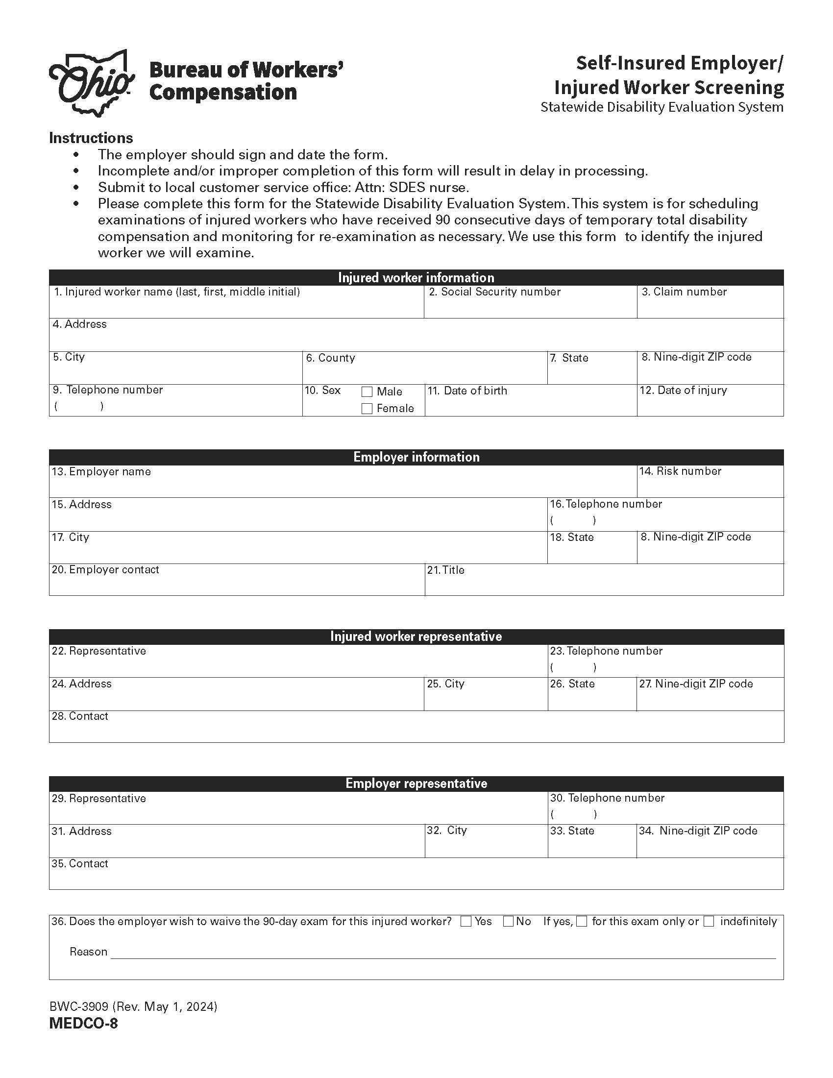 Self-Insured Employer Injured Worker Screening {BWC-3909} | Pdf Fpdf Doc Docx | Ohio