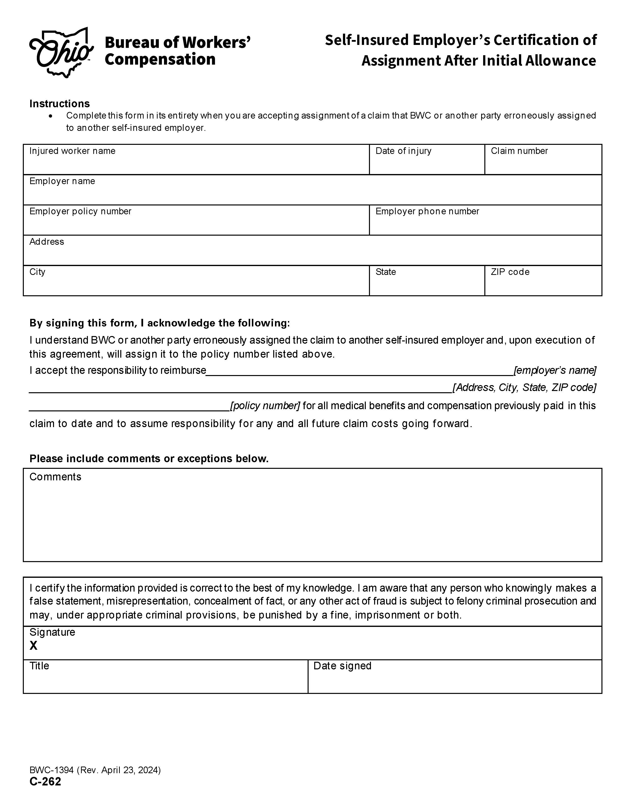 Self-Insured Employers Certification Of Assignment After Initial Allowance {BWC-1394} | Pdf Fpdf Doc Docx | Ohio