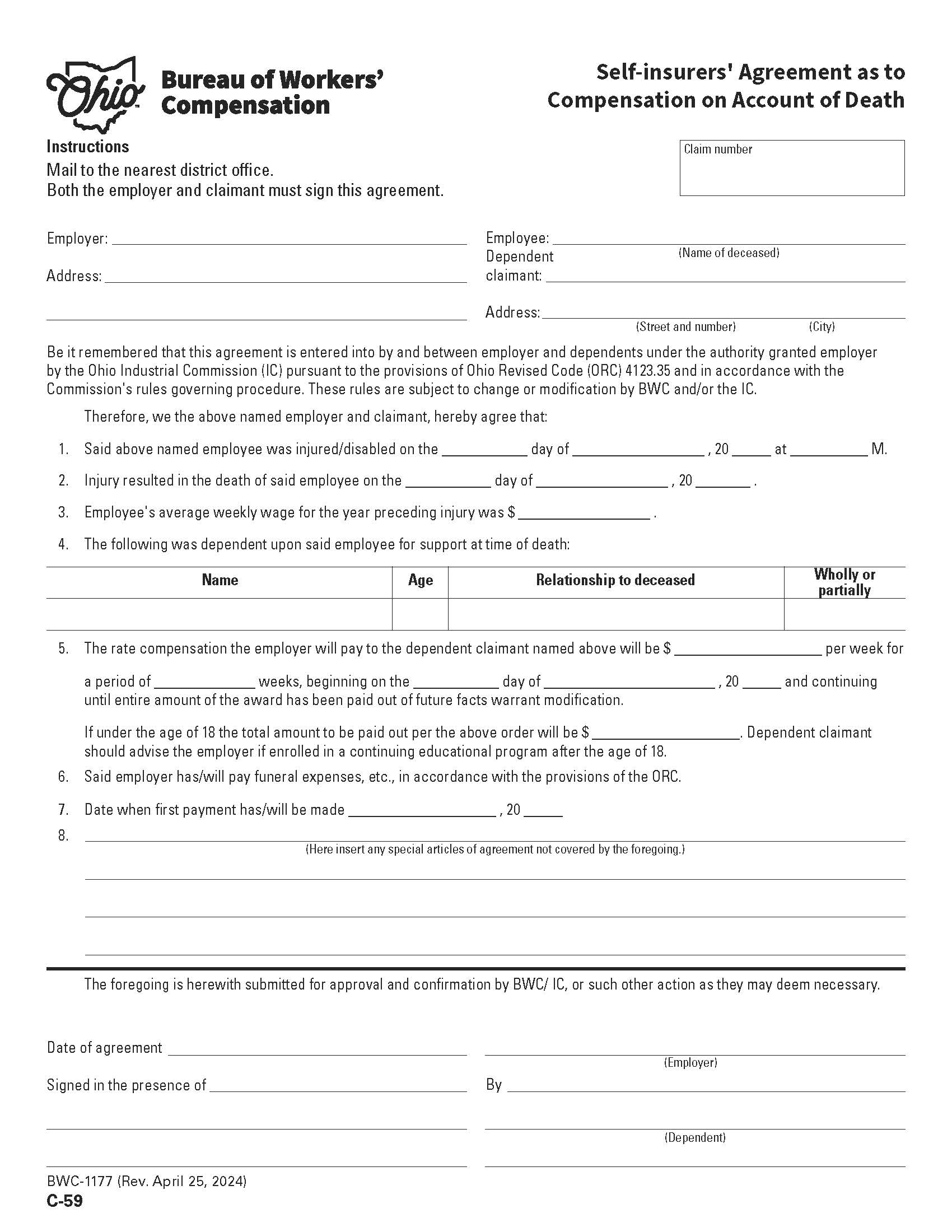 Self-Insurers Agreement As To Compensation On Account Of Death {BWC-1177} | Pdf Fpdf Doc Docx | Ohio