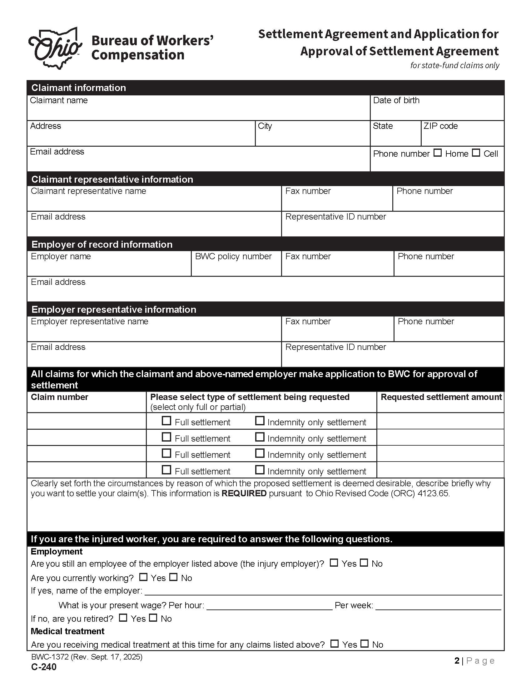 Settlement Agreement And Application For Approval Of Settlement Agreement {BWC-1372} | Pdf Fpdf Doc Docx | Ohio