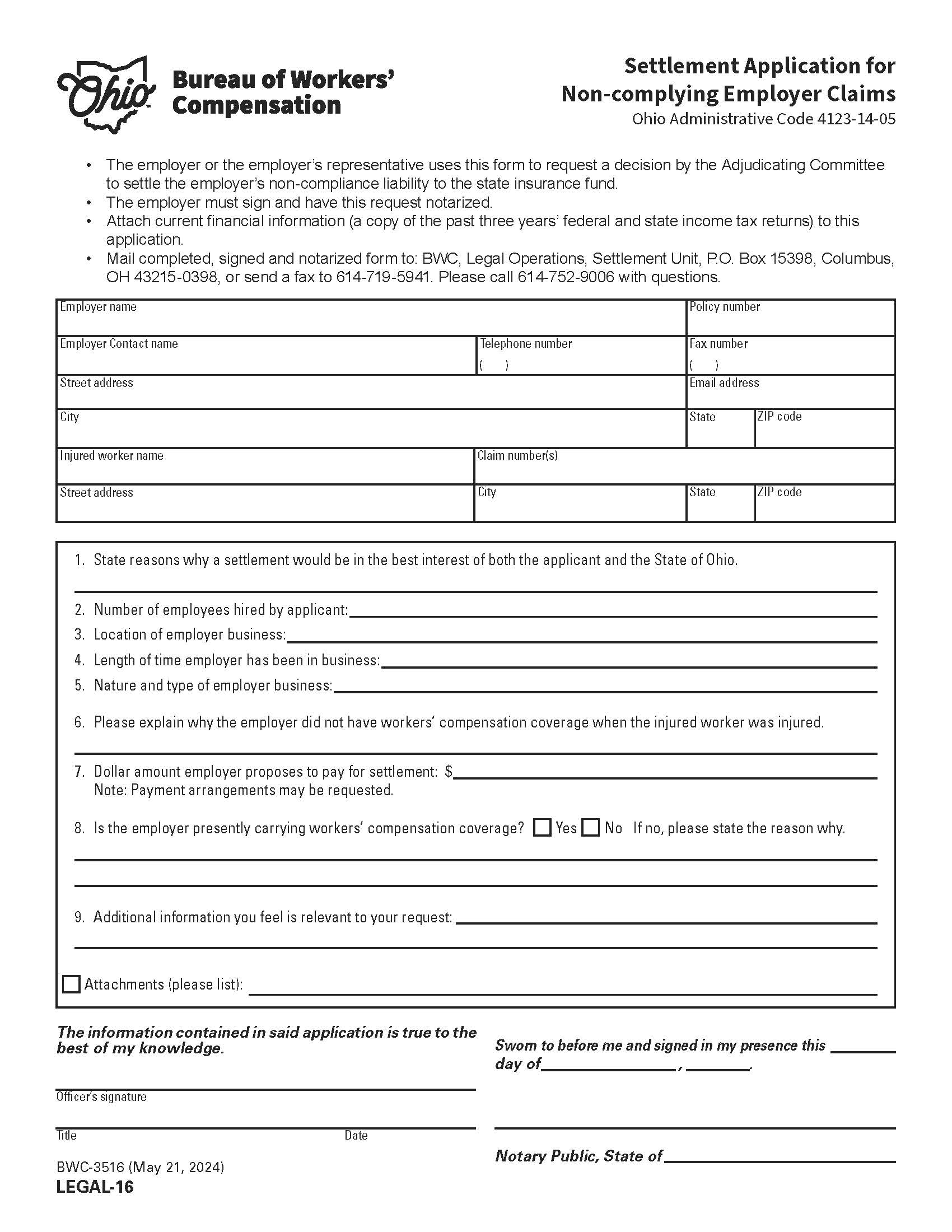 Settlement Application For Non-complying Employer Claims {BWC-3516} | Pdf Fpdf Doc Docx | Ohio