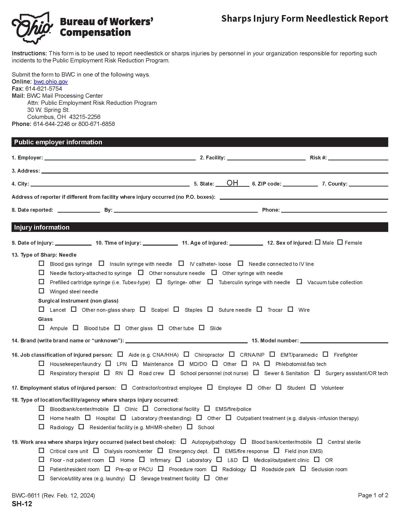 Sharps Injury Form Needlestick Report {BWC-6611} | Pdf Fpdf Doc Docx | Ohio
