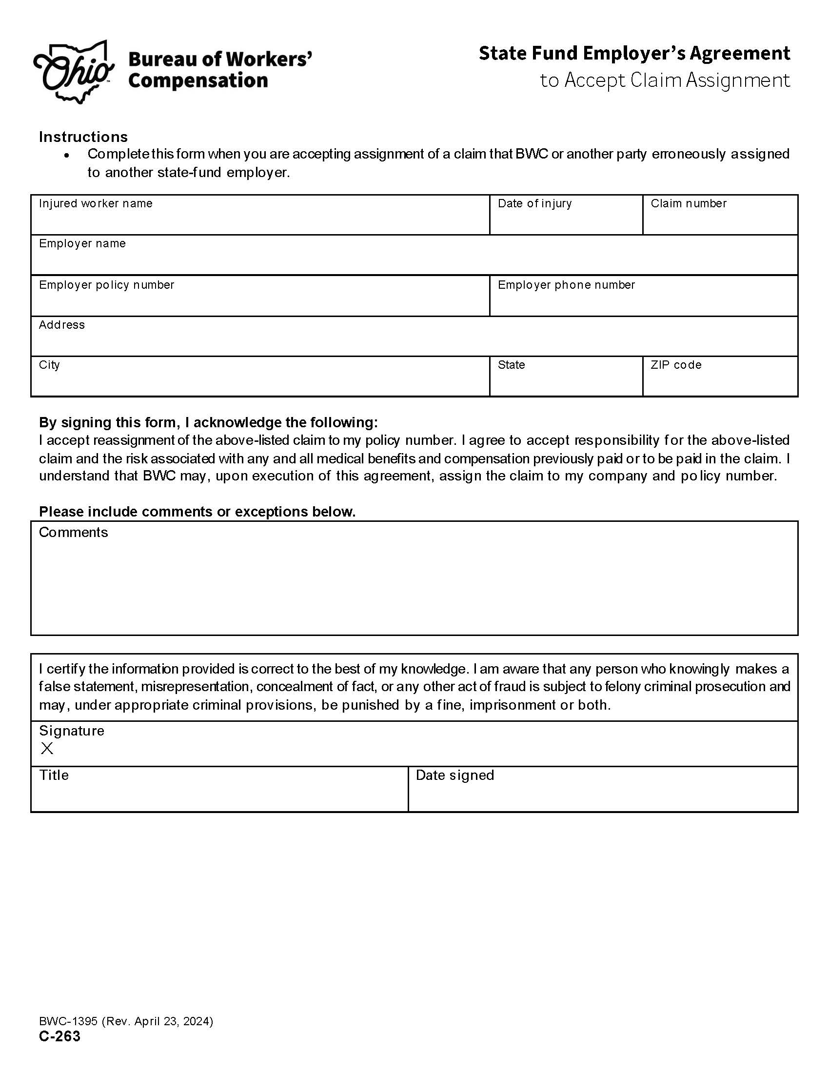 State Fund Employers Agreement To Accept Claim Assignment {BWC-1395} | Pdf Fpdf Doc Docx | Ohio