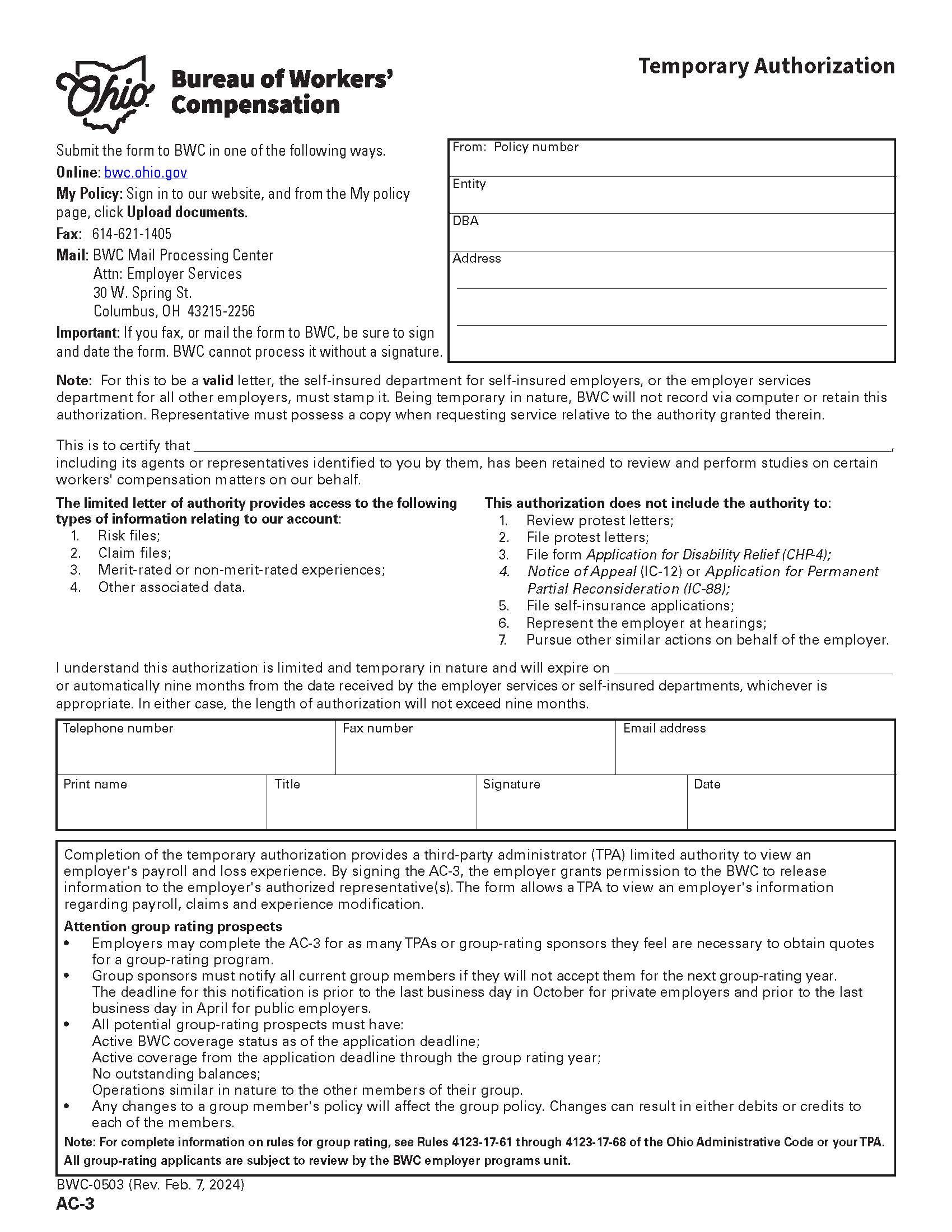 Temporary Authorization To Review Information {BWC-0503} | Pdf Fpdf Doc Docx | Ohio