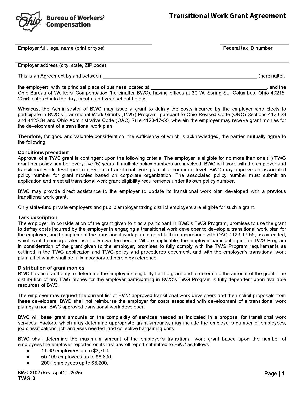 Transitional Work Grant Agreement {BWC-3102} | Pdf Fpdf Doc Docx | Ohio
