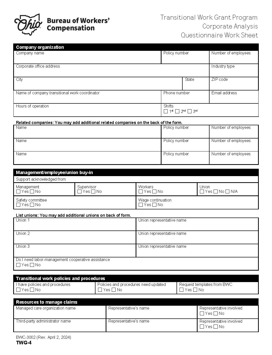 Transitional Work Grant Program Corporate Analysis Questionnaire Work Sheet {BWC-3002} | Pdf Fpdf Doc Docx | Ohio
