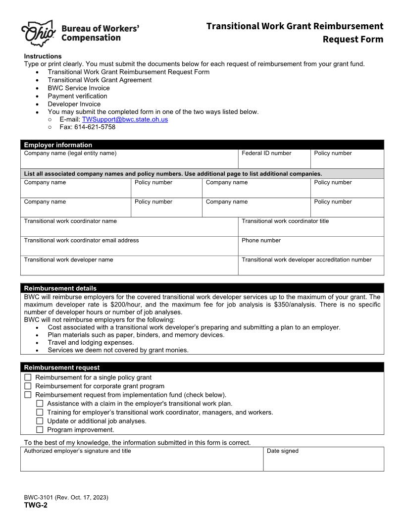 Transitional Work Grant Reimbursement Request Form {BWC-3101} | Pdf Fpdf Docx | Ohio