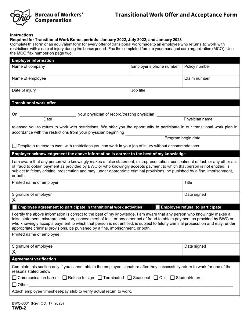 Transitional Work Offer And Acceptance Form {BWC-3001} | Pdf Fpdf Doc Docx | Ohio