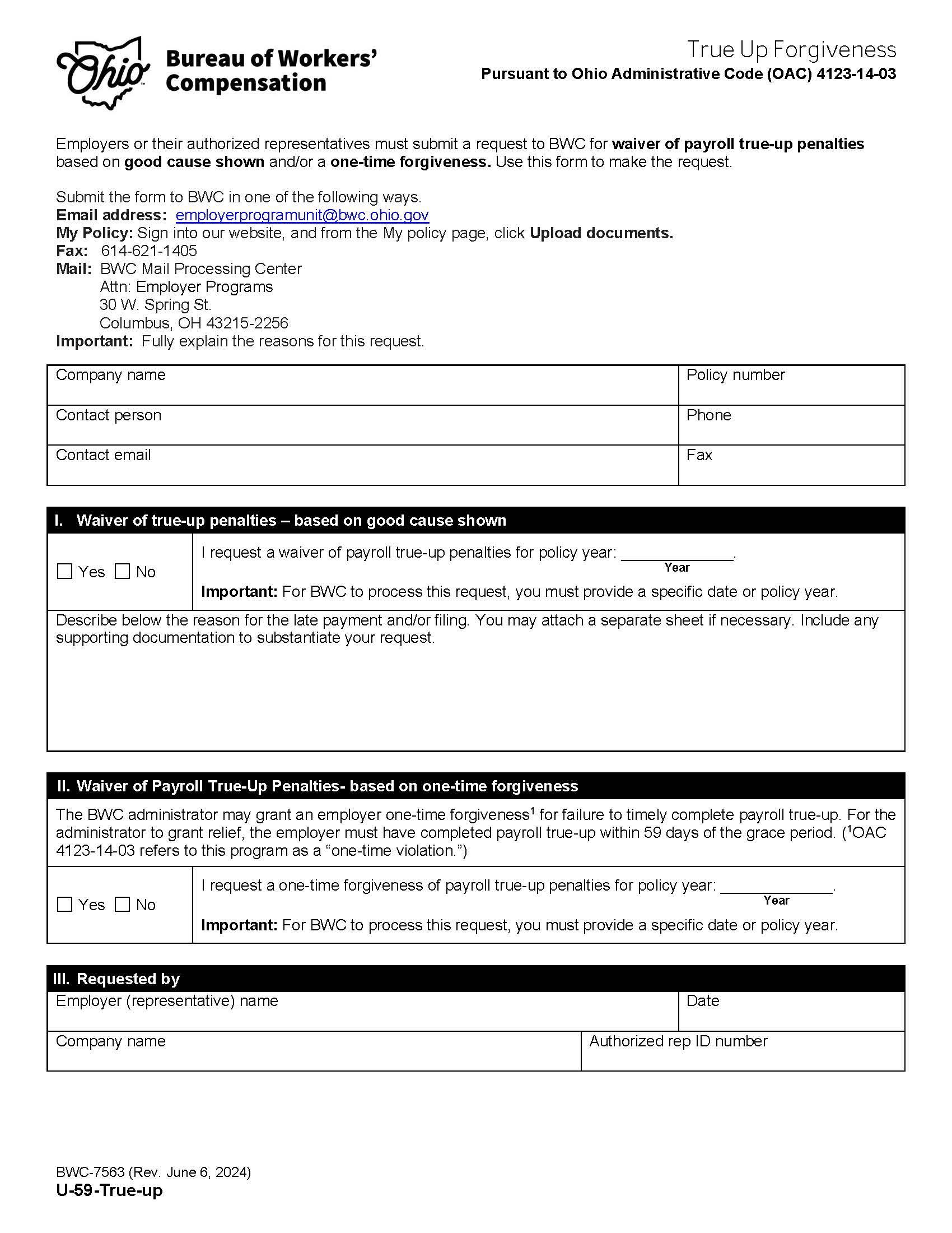 True Up Forgiveness {BWC-7563} | Pdf Fpdf Docx | Ohio