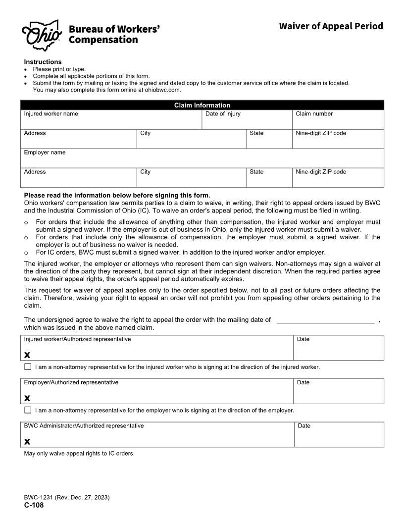 Waiver Of Appeal Period {BWC-1231} | Pdf Fpdf Doc Docx | Ohio