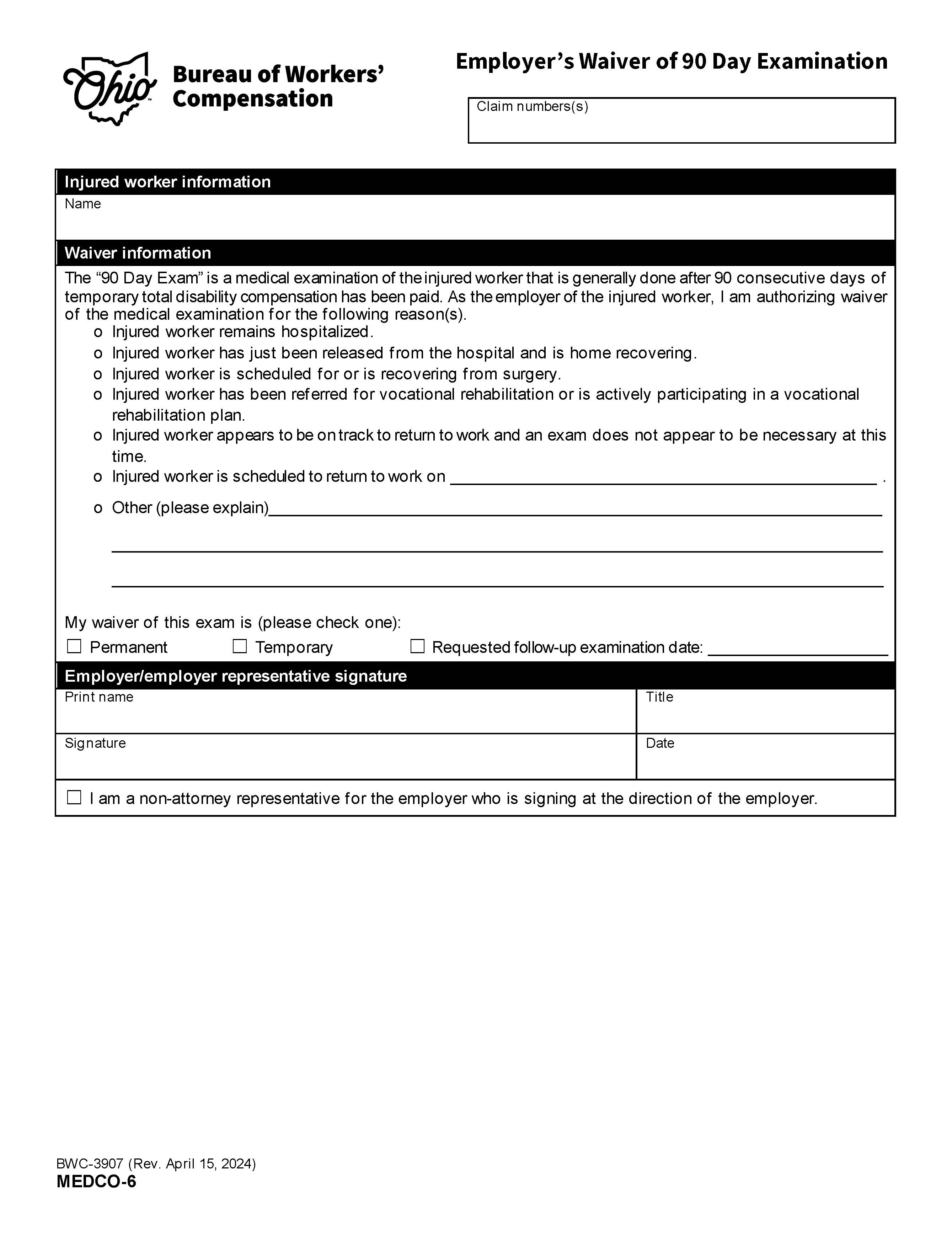 Waiver Of Examination Statewide Disability Evaluation System {BWC-3907} | Pdf Fpdf Doc Docx | Ohio