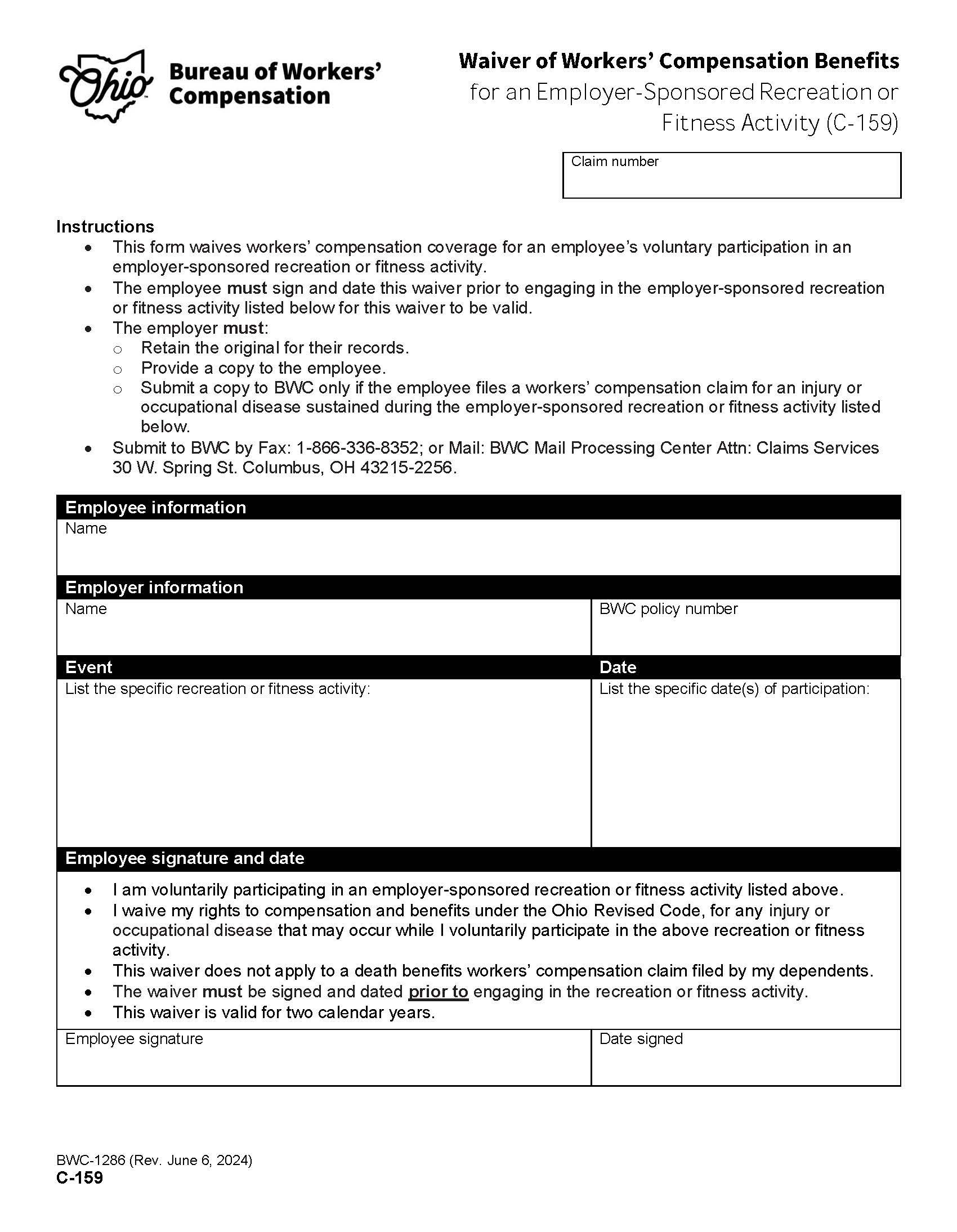 Waiver Of Workers Compensation Benefits For Recreational Or Fitness Activities {BWC-1286} | Pdf Fpdf Doc Docx | Ohio