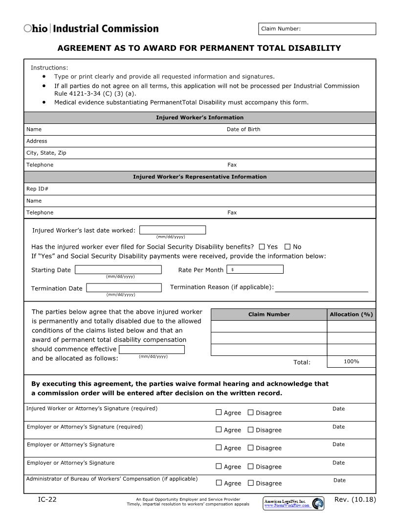 Agreement As To Award For Permanent Total Disability {IC-22} | Pdf Fpdf Docx | Ohio