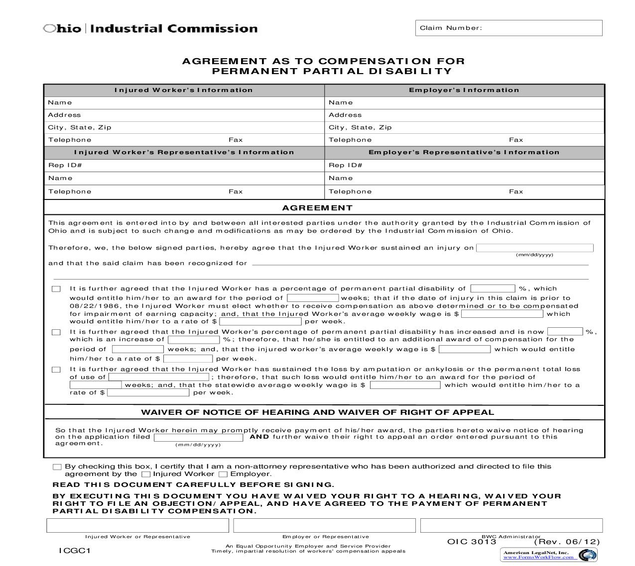 Agreement As To Compensation For Permanent Partial Disability {OIC 3013}  | Pdf Fpdf Doc Docx | Ohio