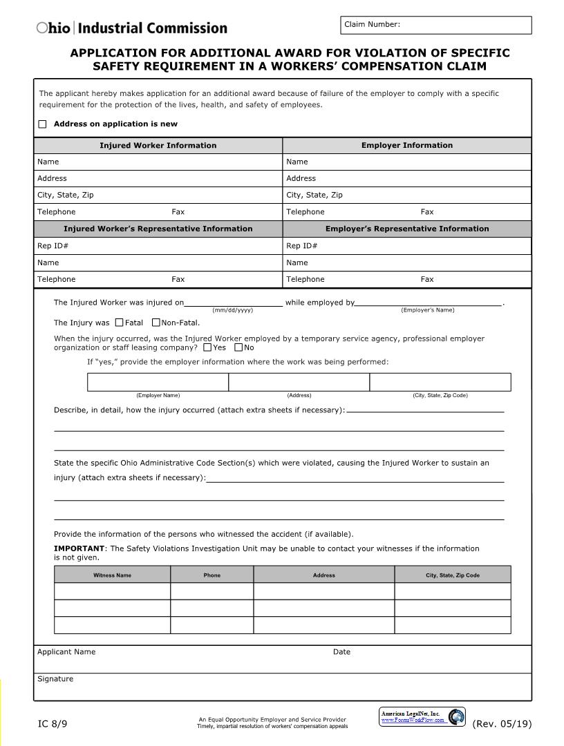 Application For Additional Award For Violation Of Specific Safety Requirement  {IC-8, 9} | Pdf Fpdf Docx | Ohio