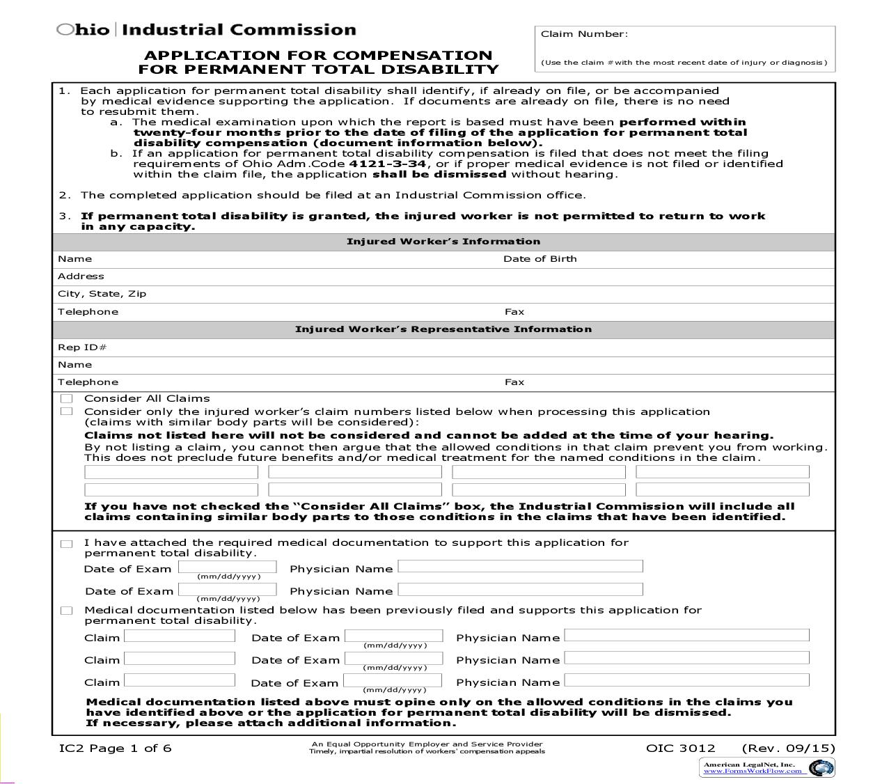 Application For Compensation For Permanent Total Disability {IC-2} | Pdf Fpdf Doc Docx | Ohio