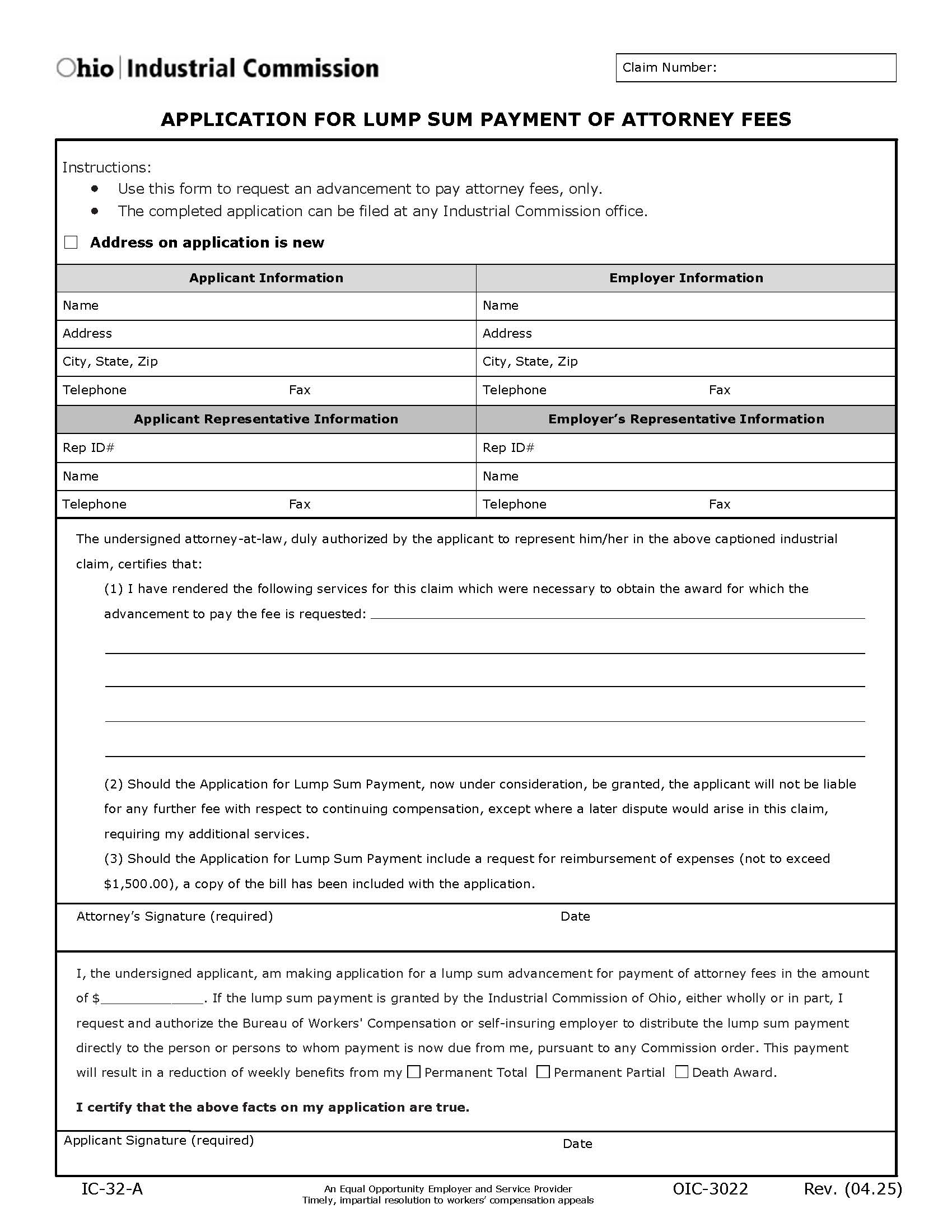 Application For Lump Sum Payment Of Attorney Fees {IC-32-A} | Pdf Fpdf Doc Docx | Ohio