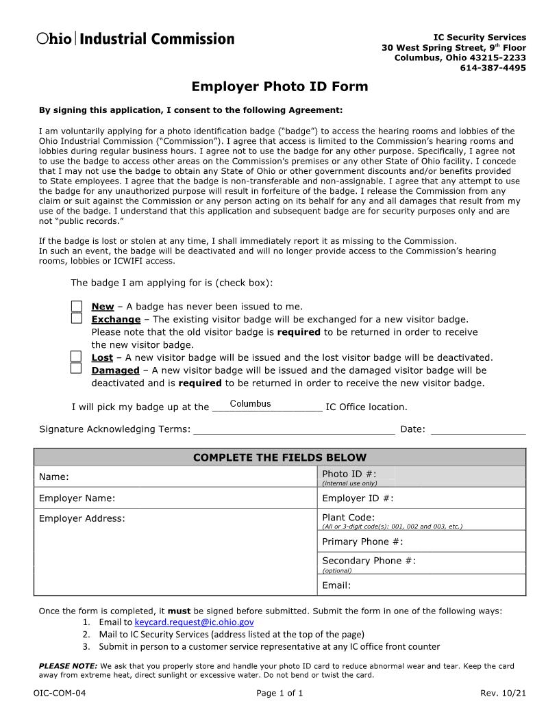 Employer Photo ID Form {OIC-COM-04} | Pdf Fpdf Docx | Ohio