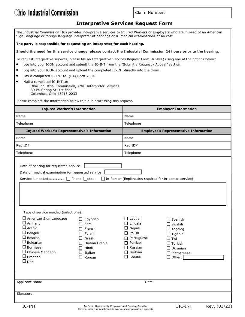 Interpretive Services Request Form {IC-INT} | Pdf Fpdf Doc Docx | Ohio